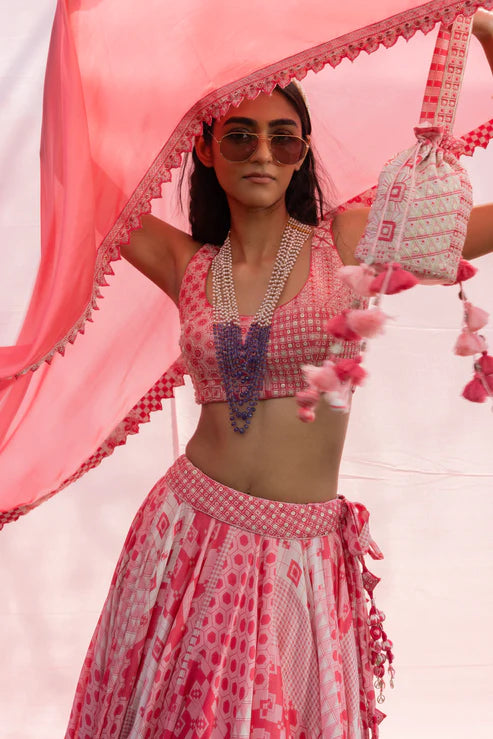 Ivory and Moonga Printed Lehenga Set