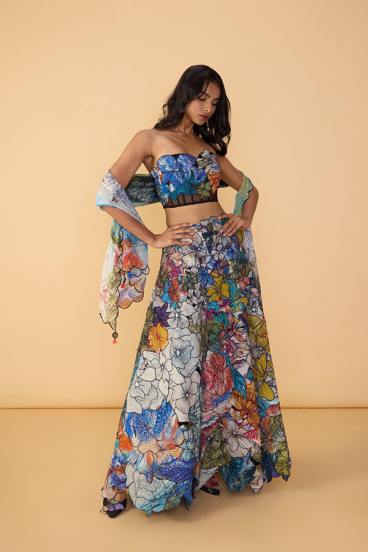 Larissa Corset Blouse, Zoya Lehenga Skirt & Scallop Dupatta