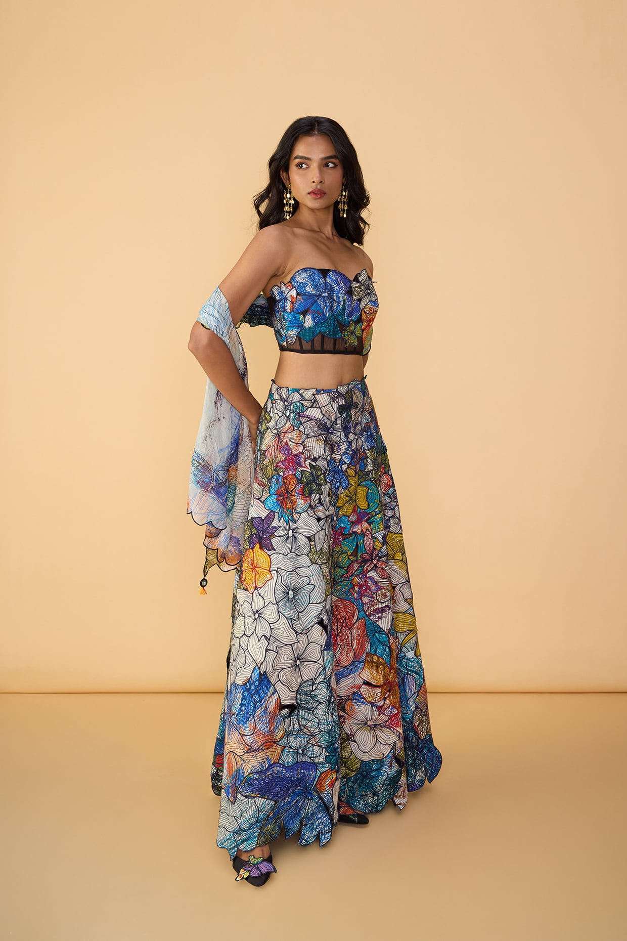 Larissa Corset Blouse, Zoya Lehenga Skirt & Scallop Dupatta