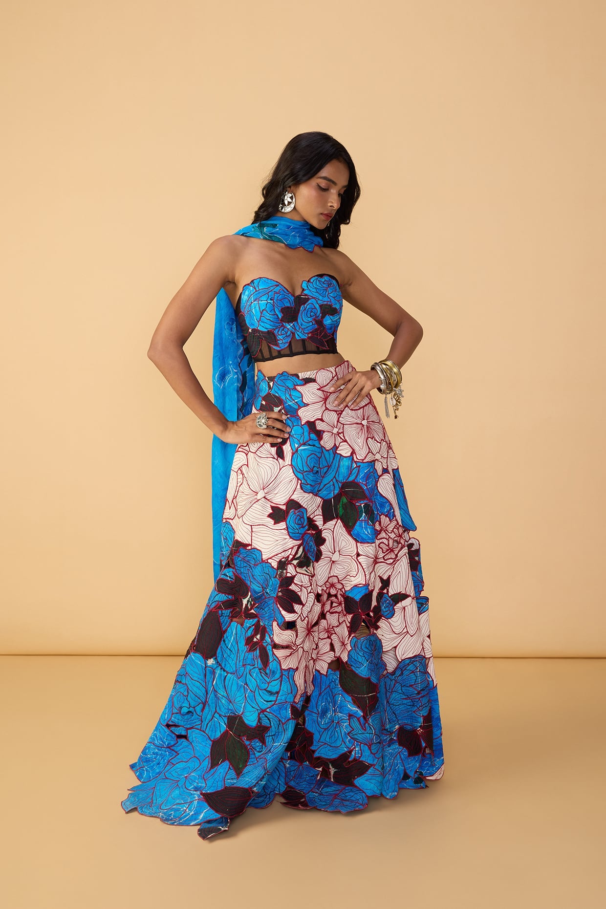 Starla Corset Blouse, Sachi Lehenga Skirt & Scallop Dupatta