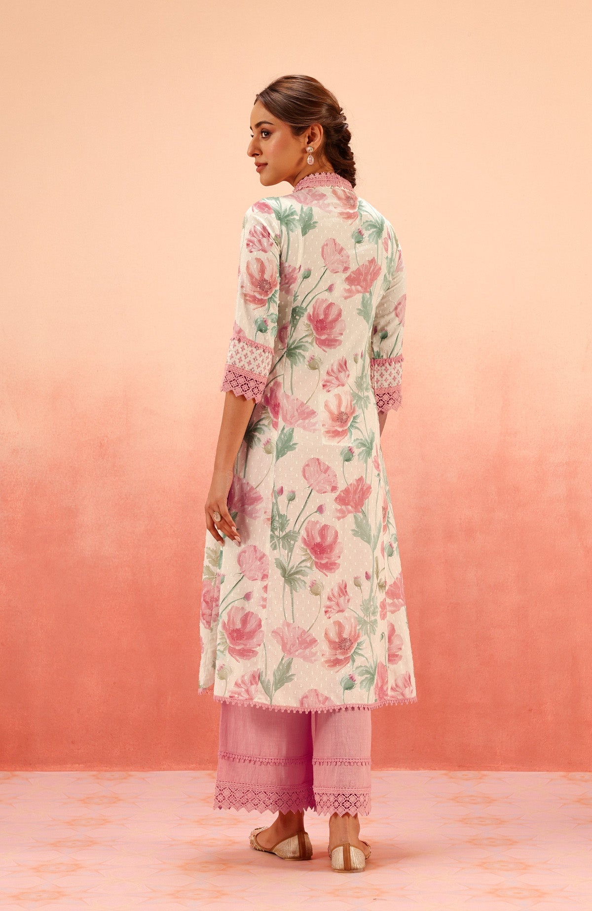AVNI PINK FLORAL PRINTED COTTON DOBBY HANDCRAFTED KURTA SET