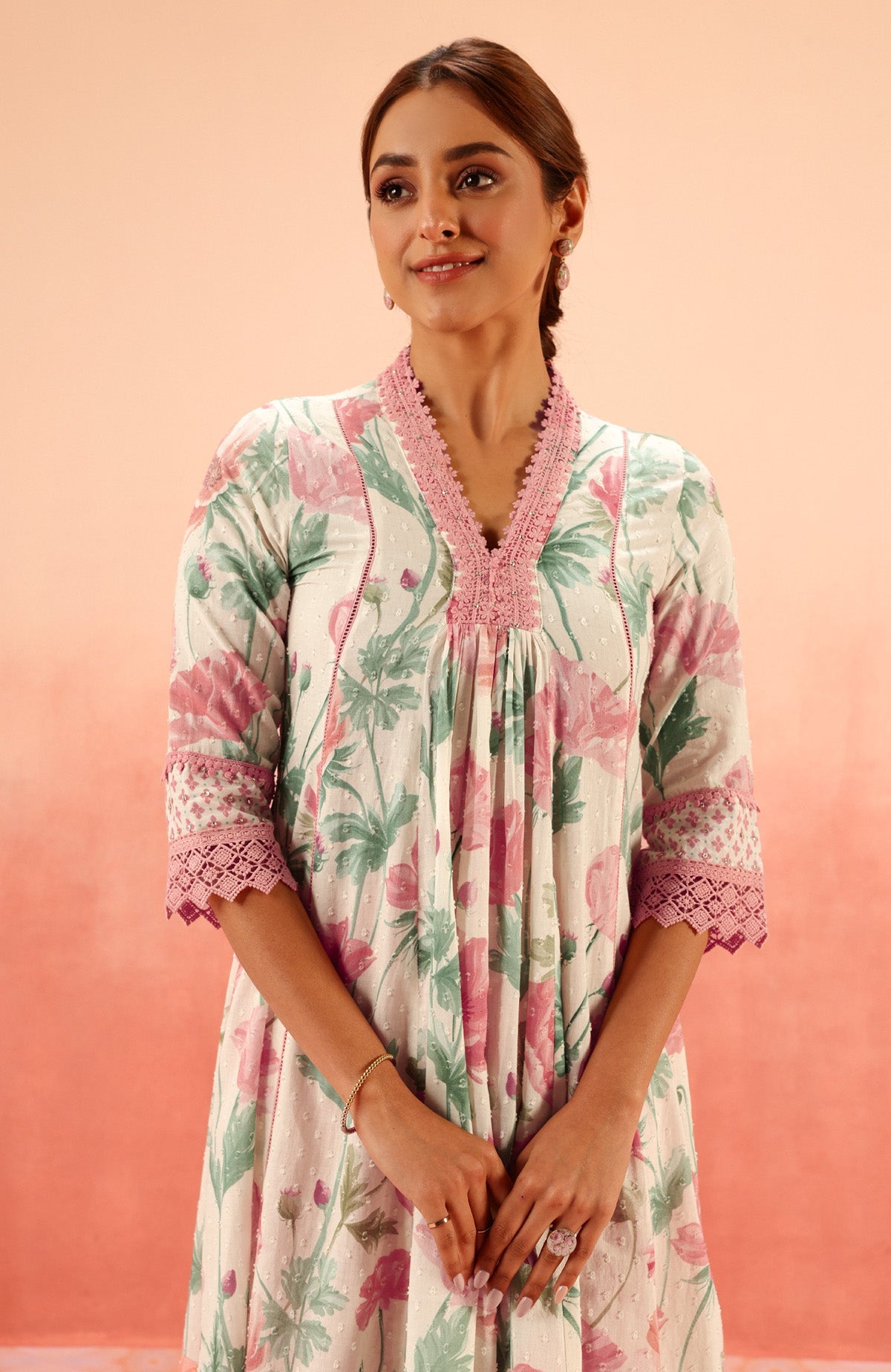 AVNI PINK FLORAL PRINTED COTTON DOBBY HANDCRAFTED KURTA SET
