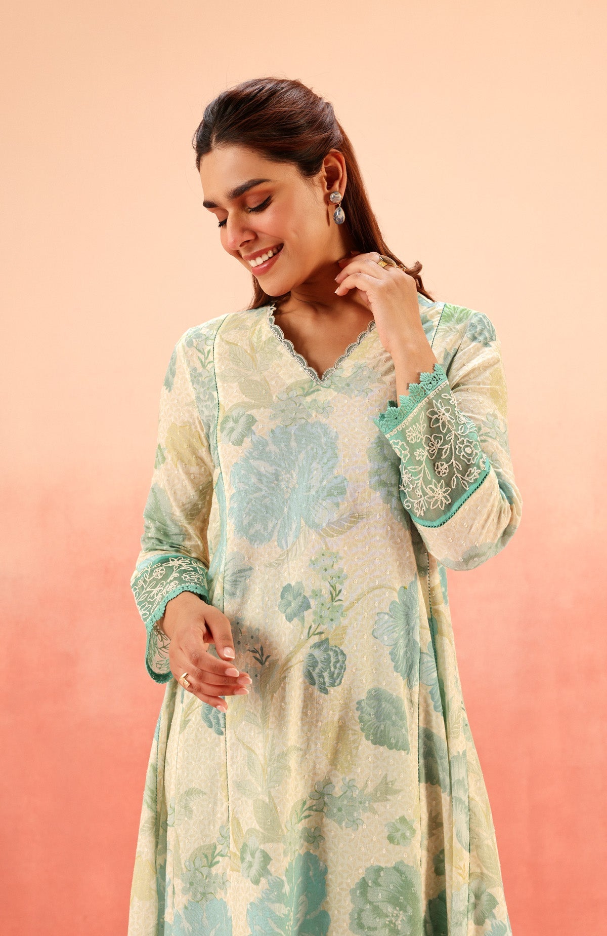 ANAYA GREEN FLORAL PRINTED COTTON DOBBY KURTA SET