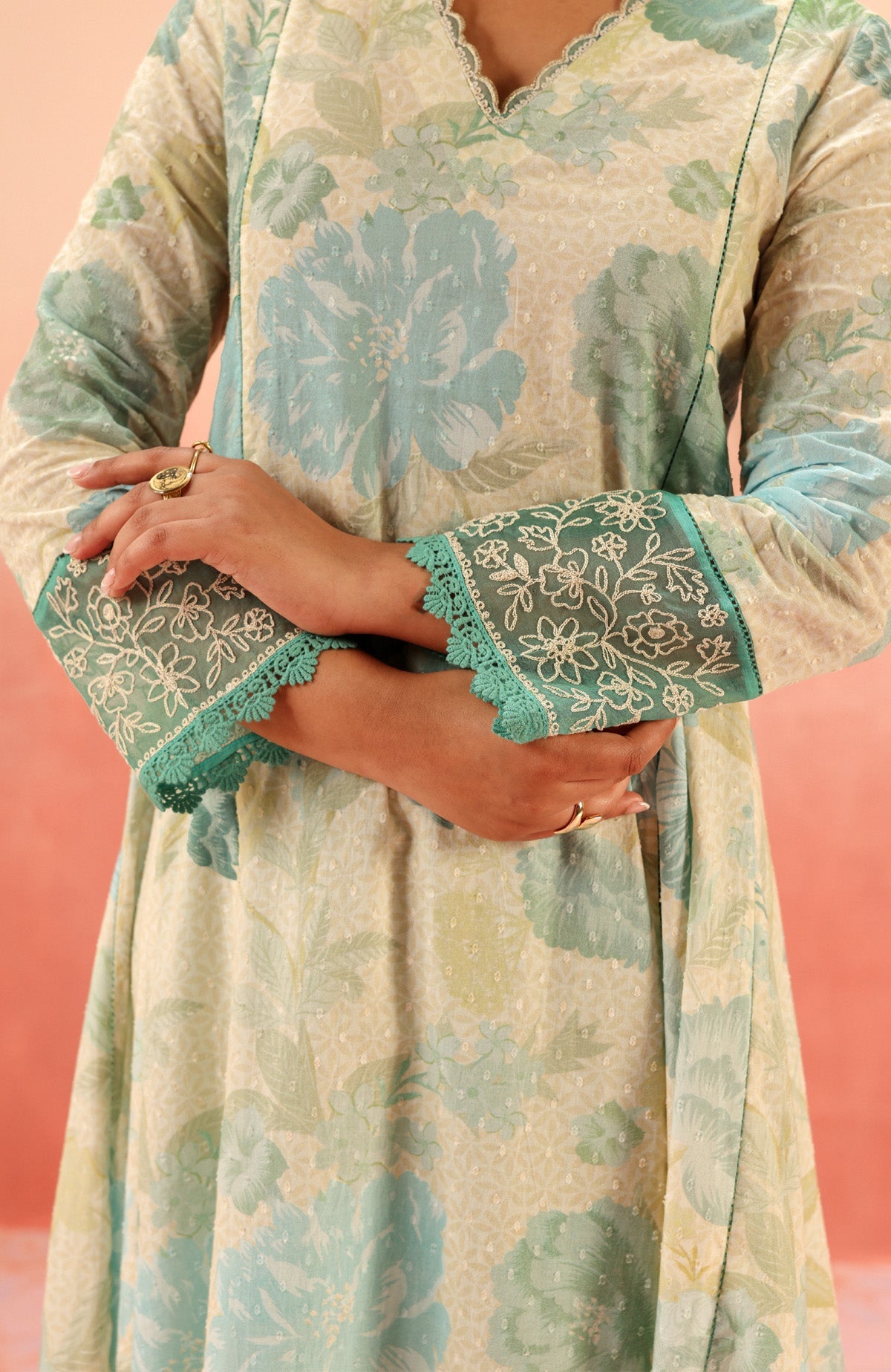 ANAYA GREEN FLORAL PRINTED COTTON DOBBY KURTA SET