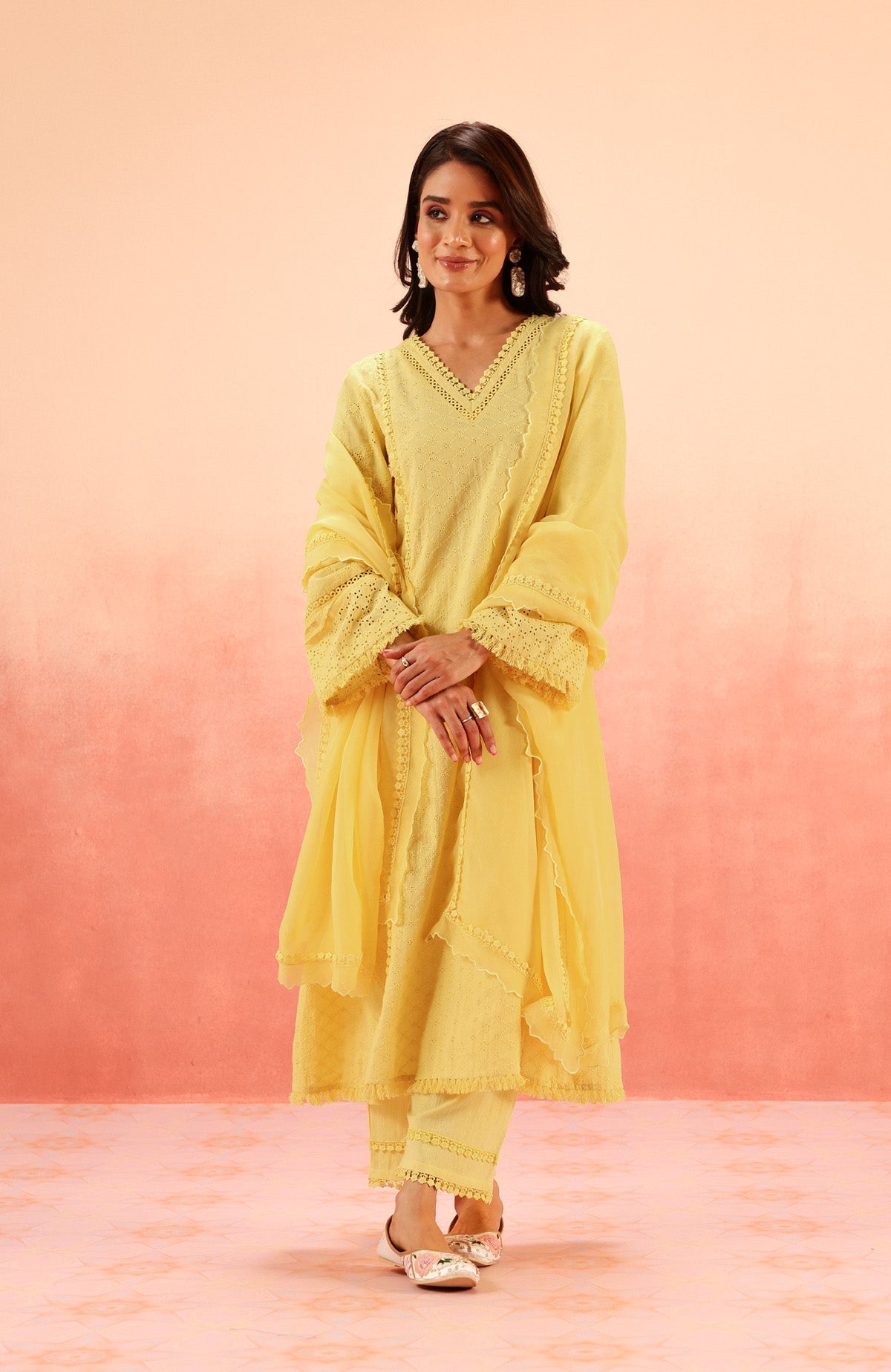 MIRA YELLOW SCHIFFLI KURTA SET