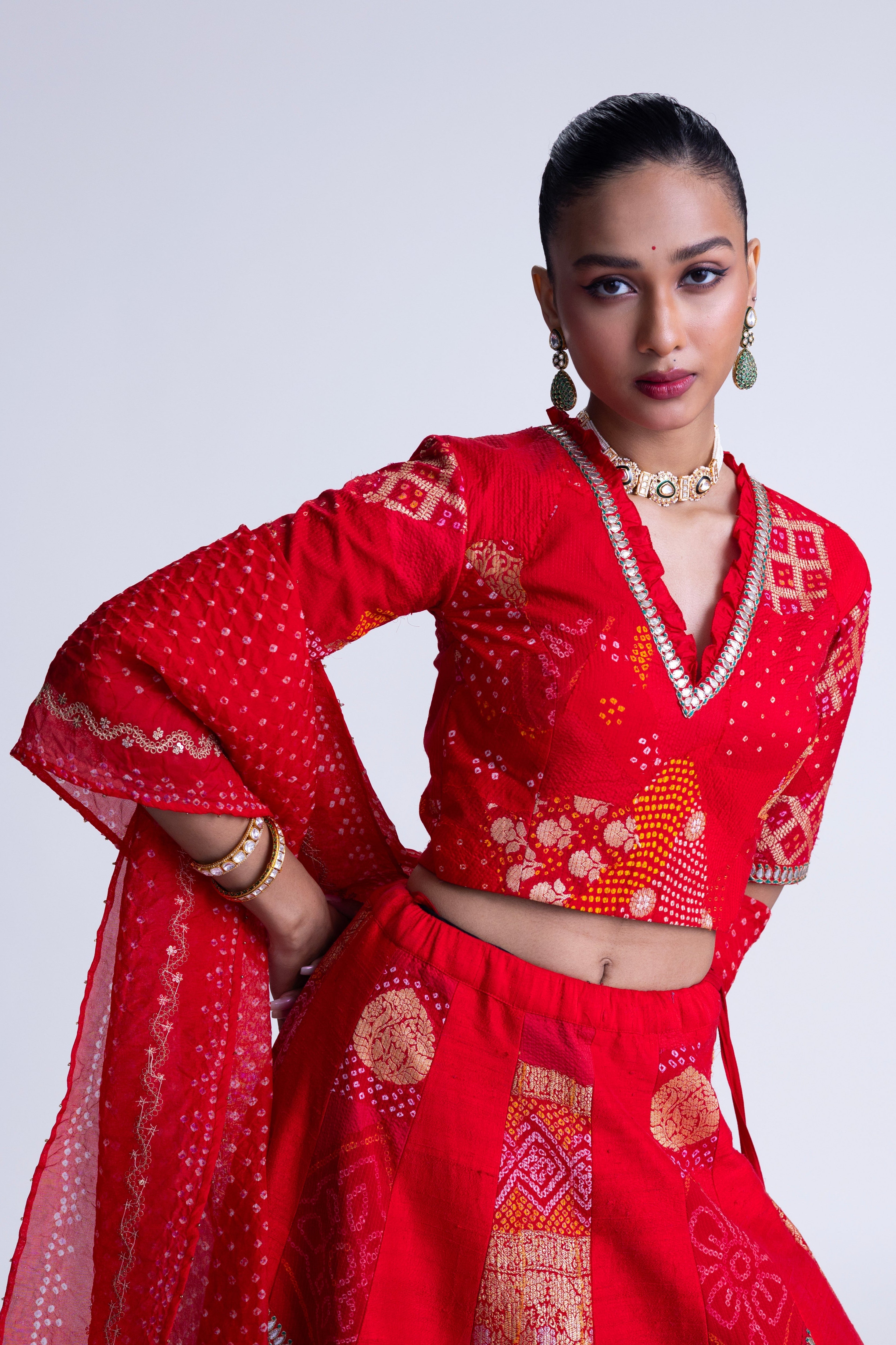 Patchwork Lehenga Set - Red