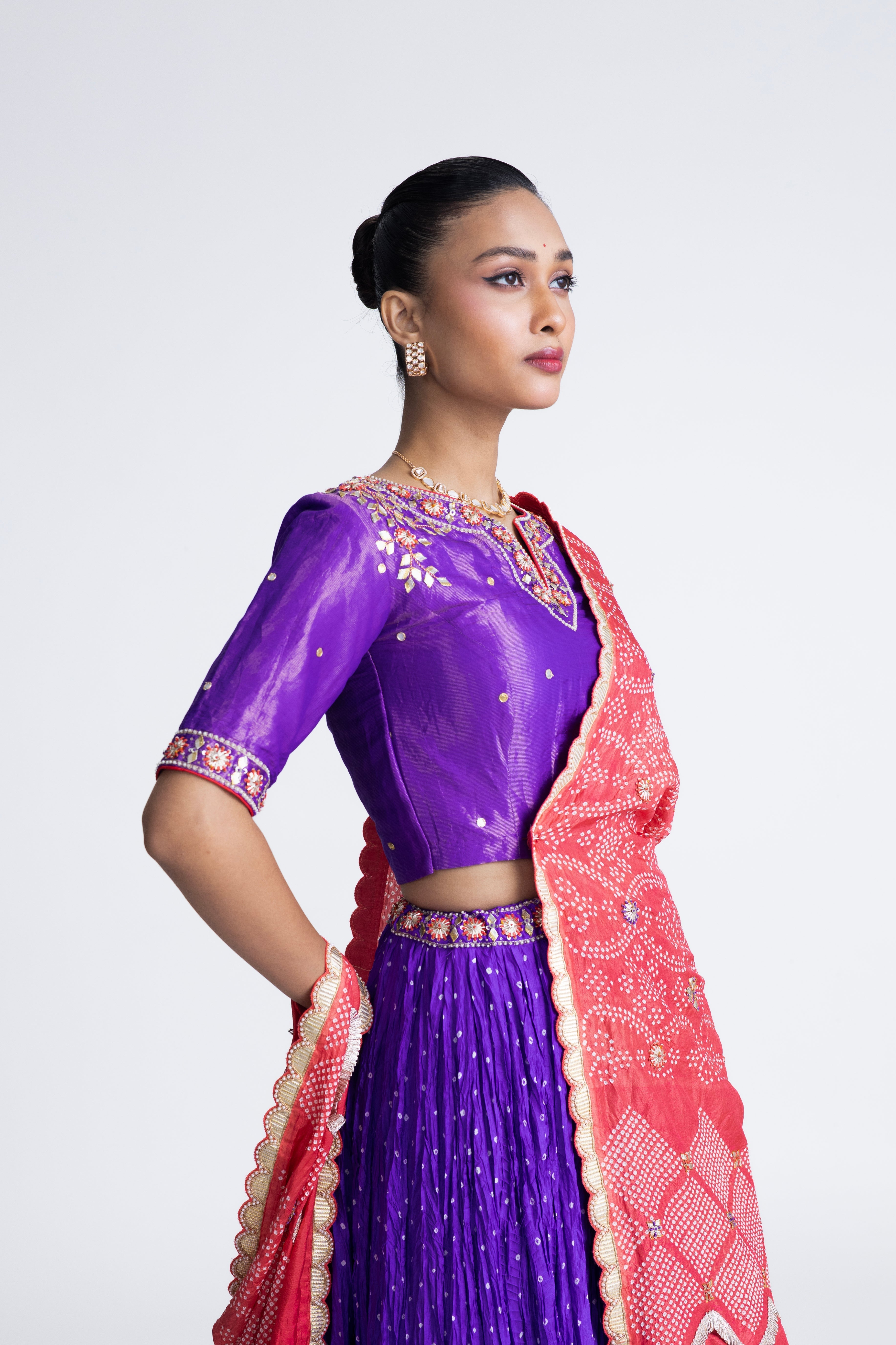 Crush Bandhani Lehenga Set - Purple Peach