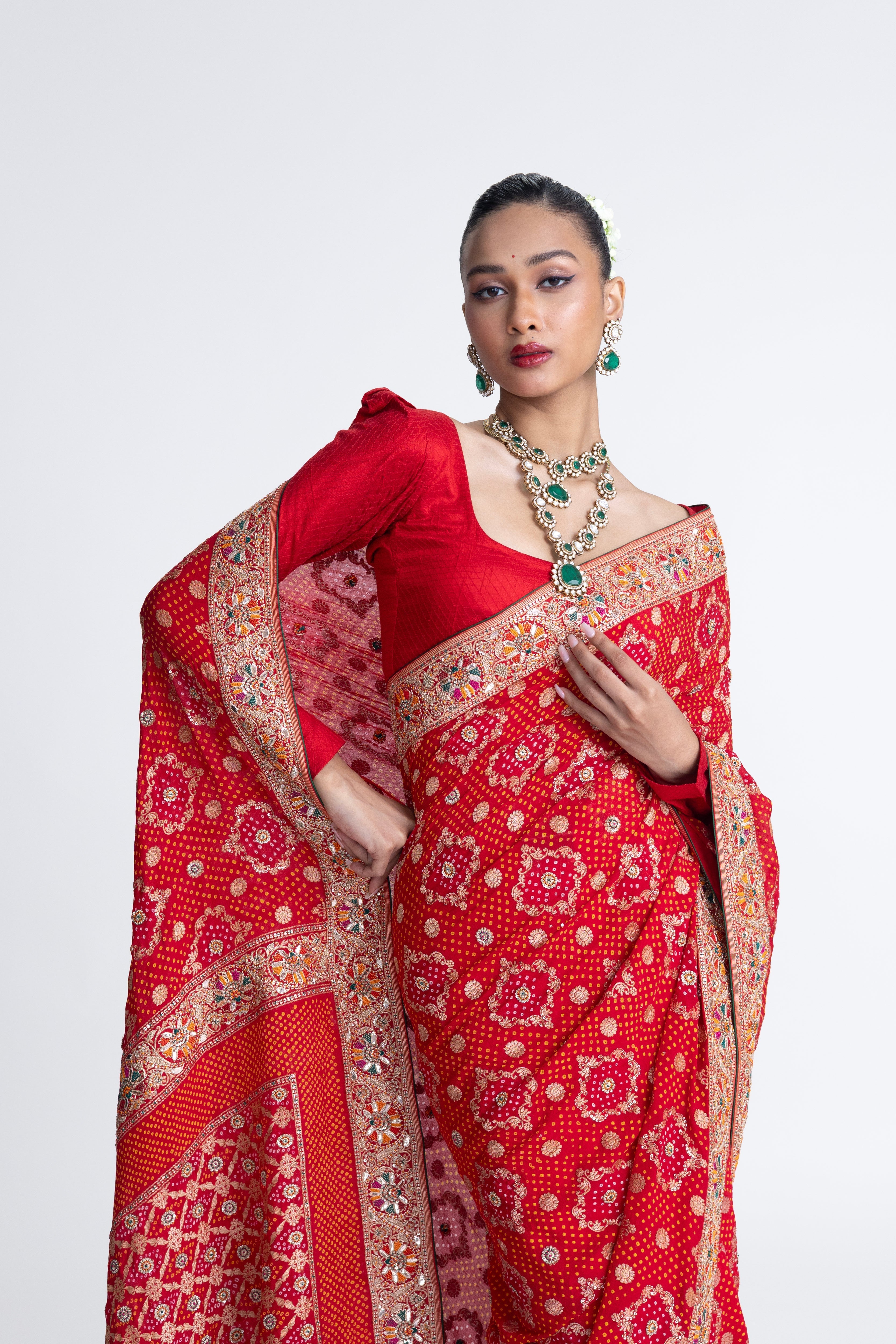 Embroidered Banarasi Bandhani Saree - Red