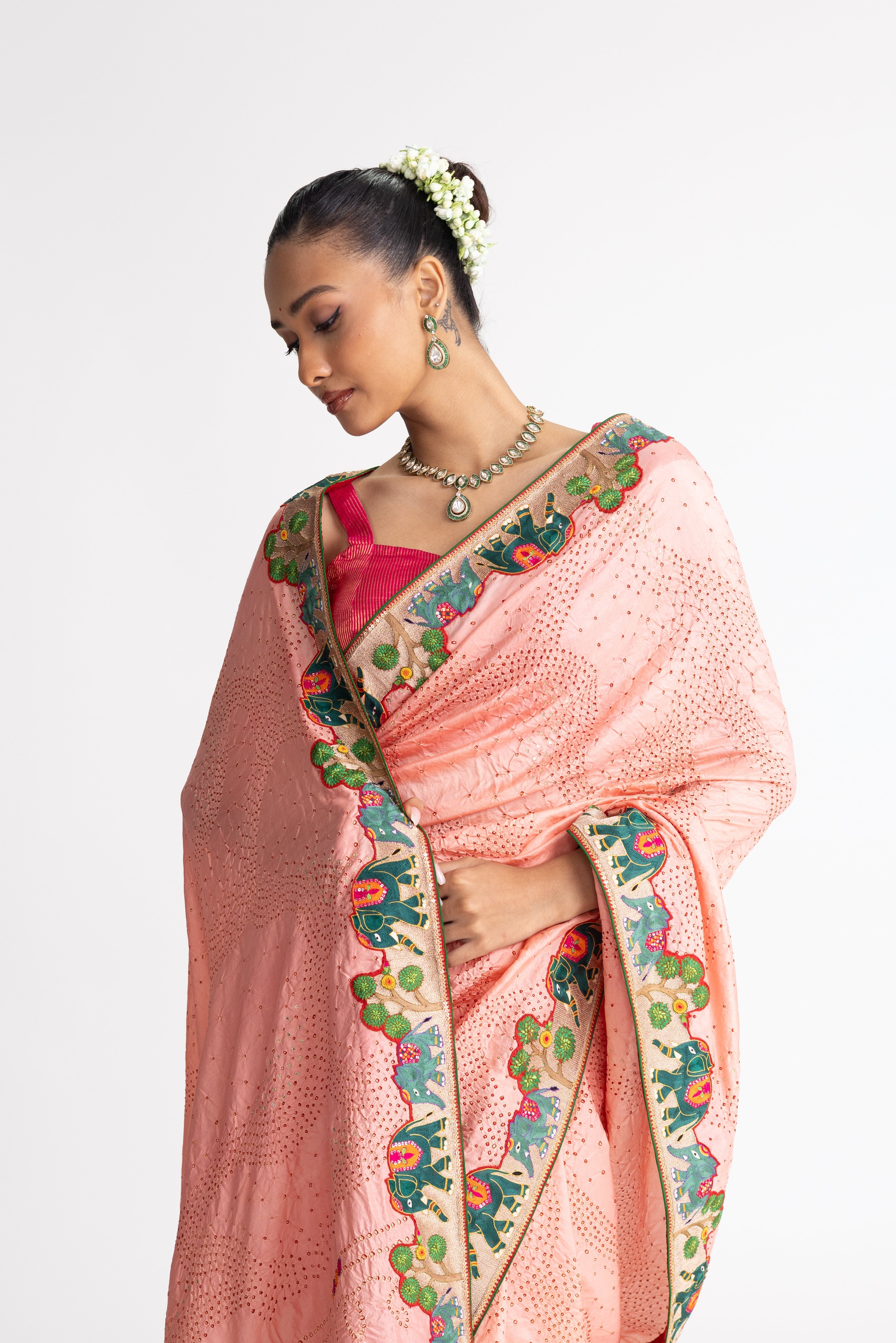Bandhani Silk Aari Embroidery Saree - Peach