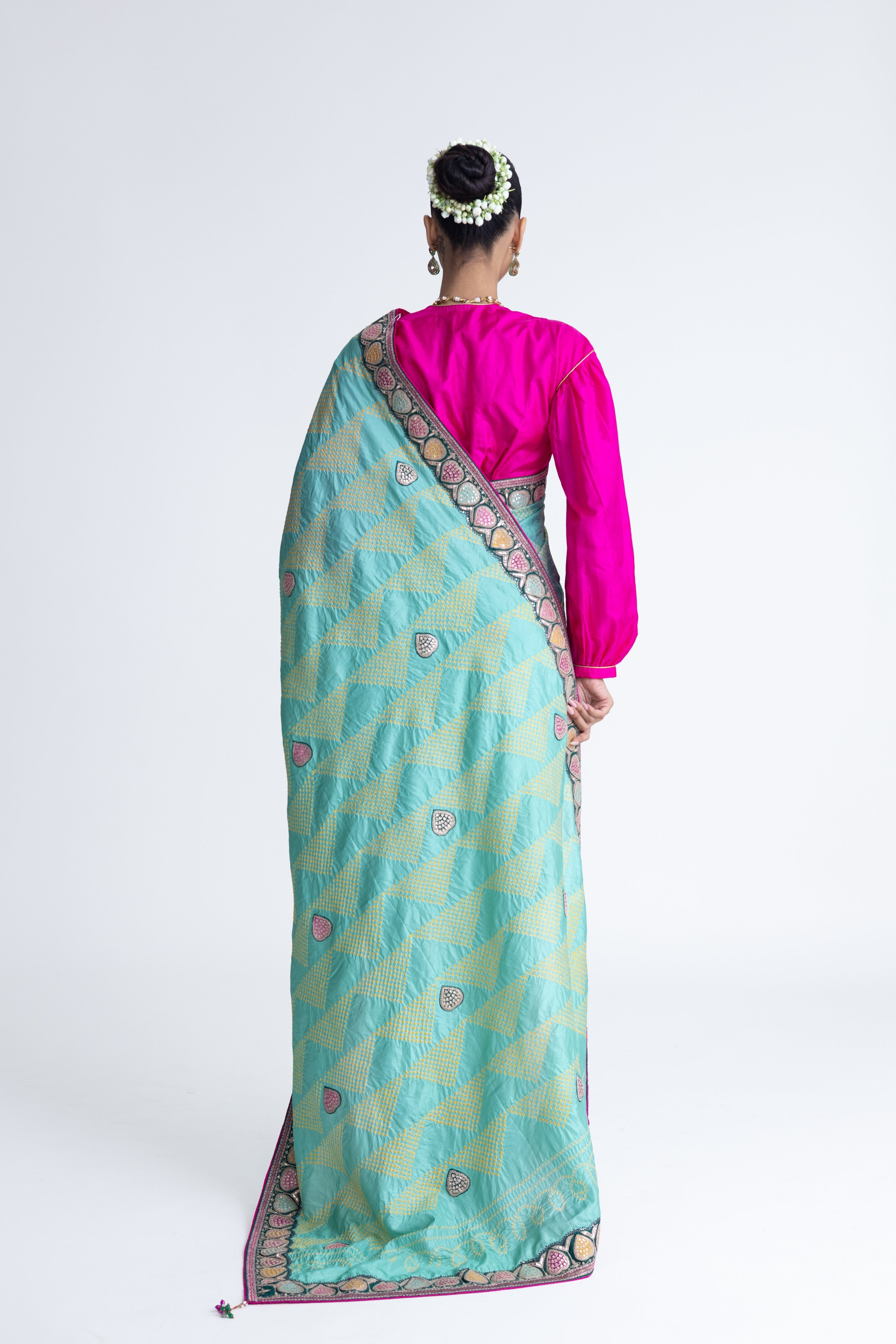Bandhani Silk Aari Embroidery Saree - Mint Green
