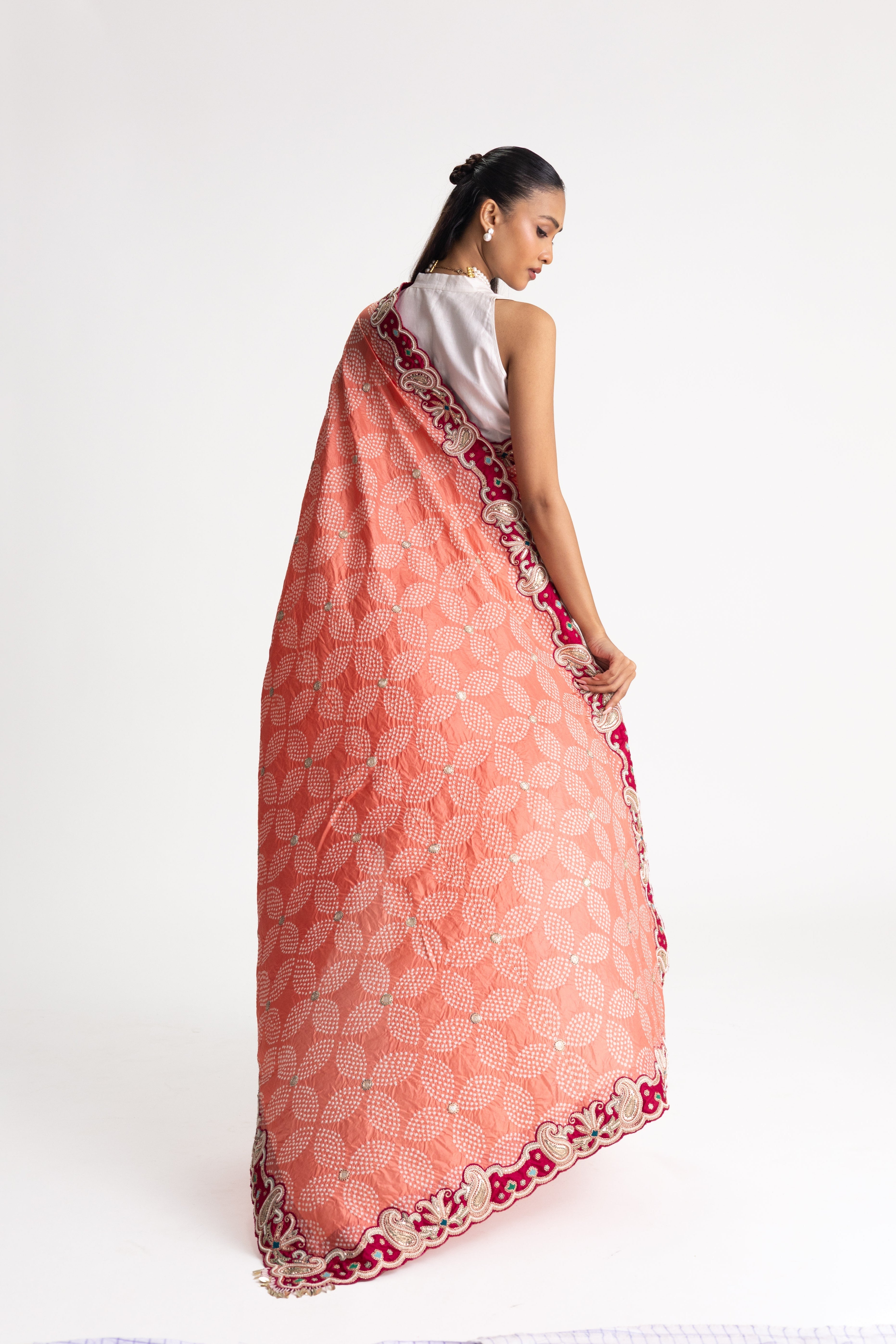 Bandhani Silk Pearl Embroidery Saree - Peach