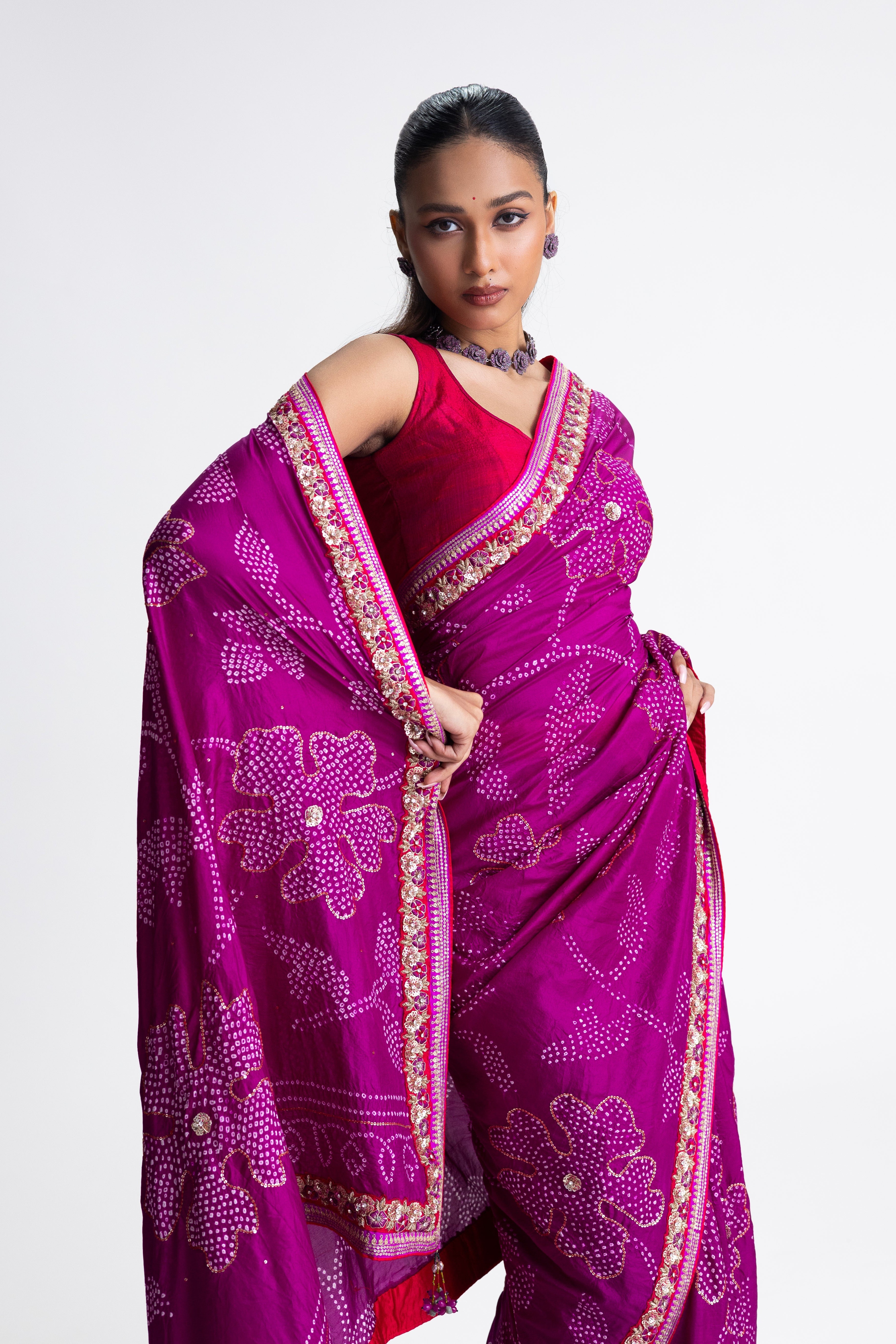 Bandhani Silk Zardozi Embroidery Saree - Magenta