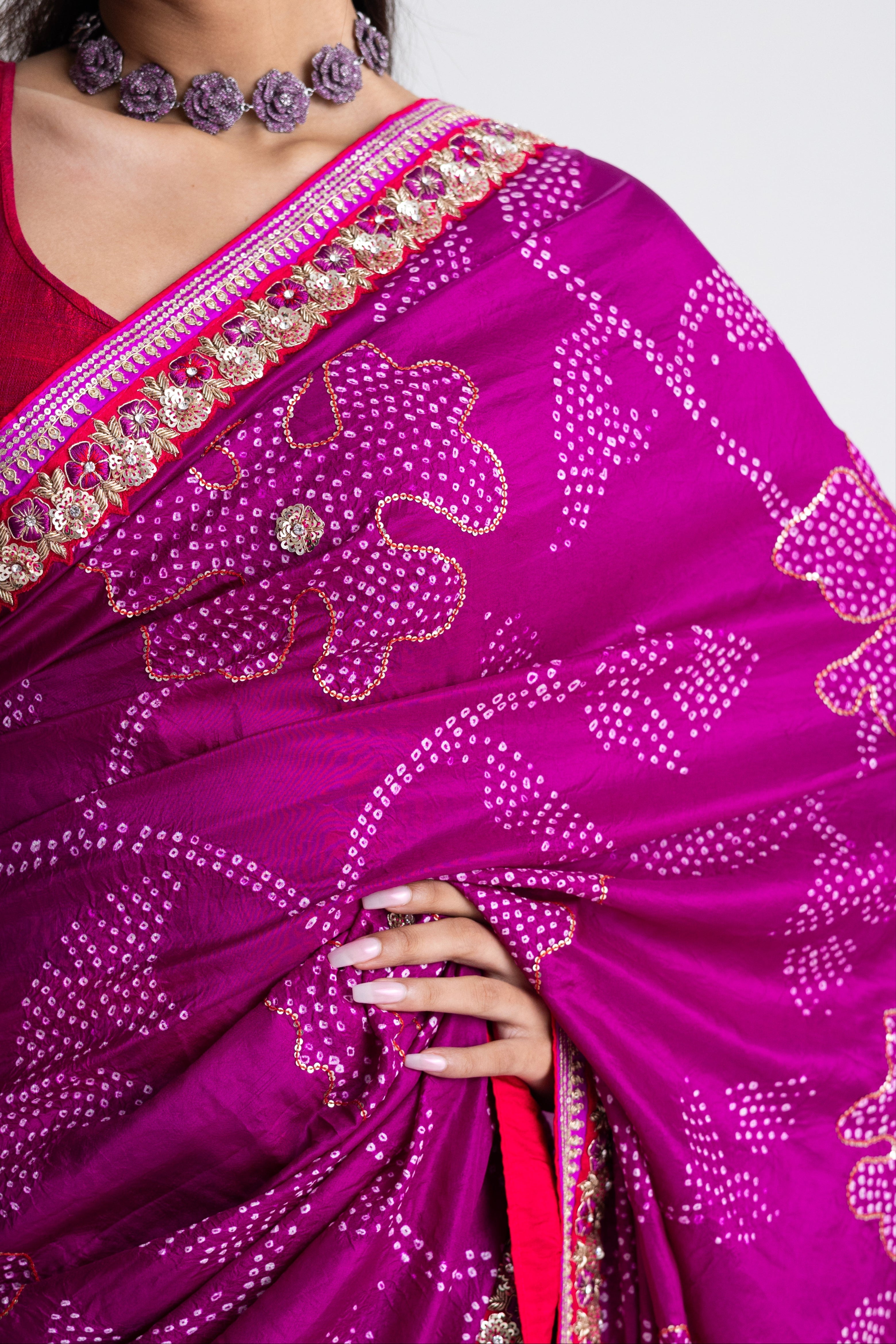 Bandhani Silk Zardozi Embroidery Saree - Magenta