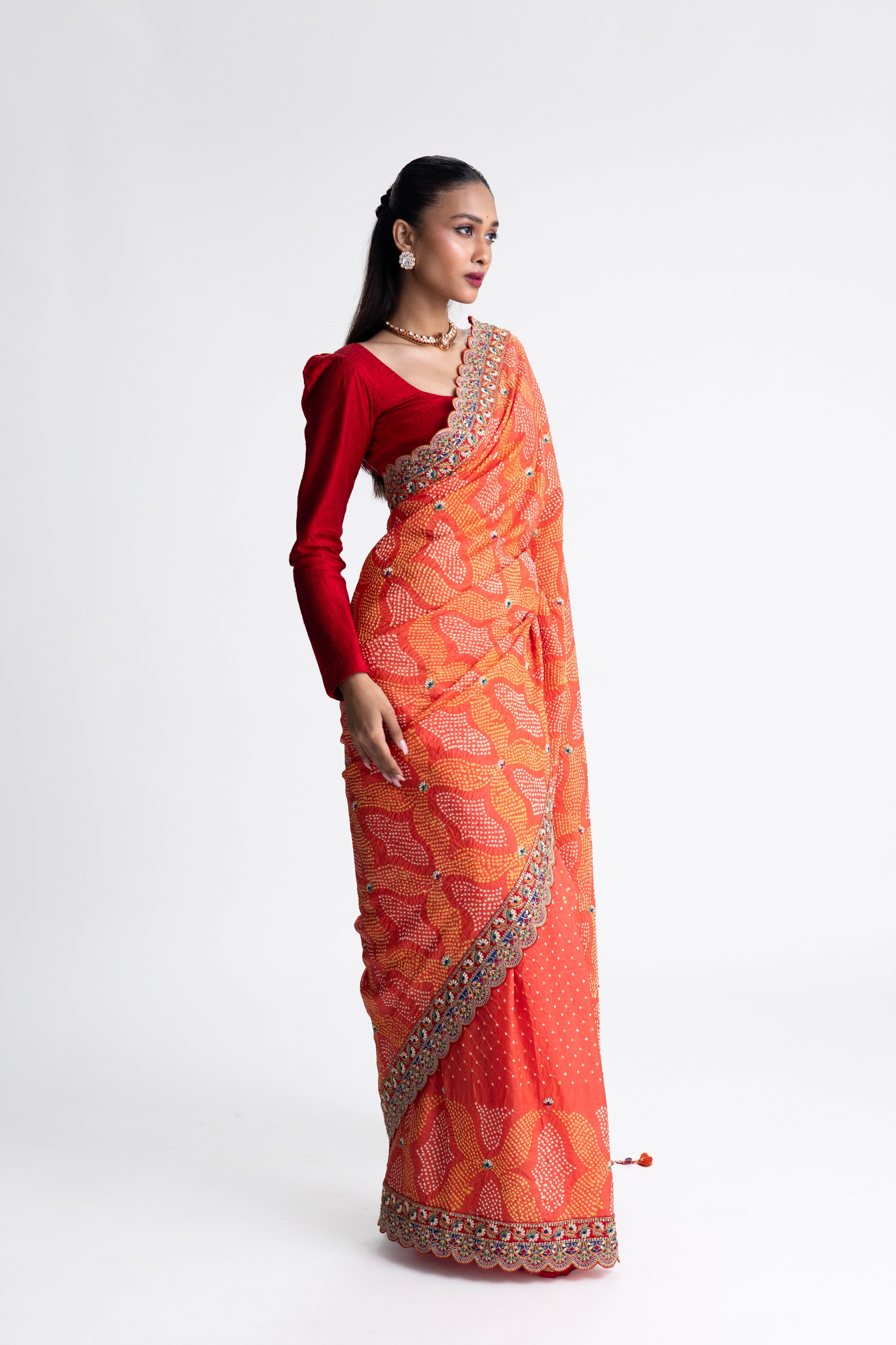 Bandhani Silk Zardozi Embroidery Saree - Orange
