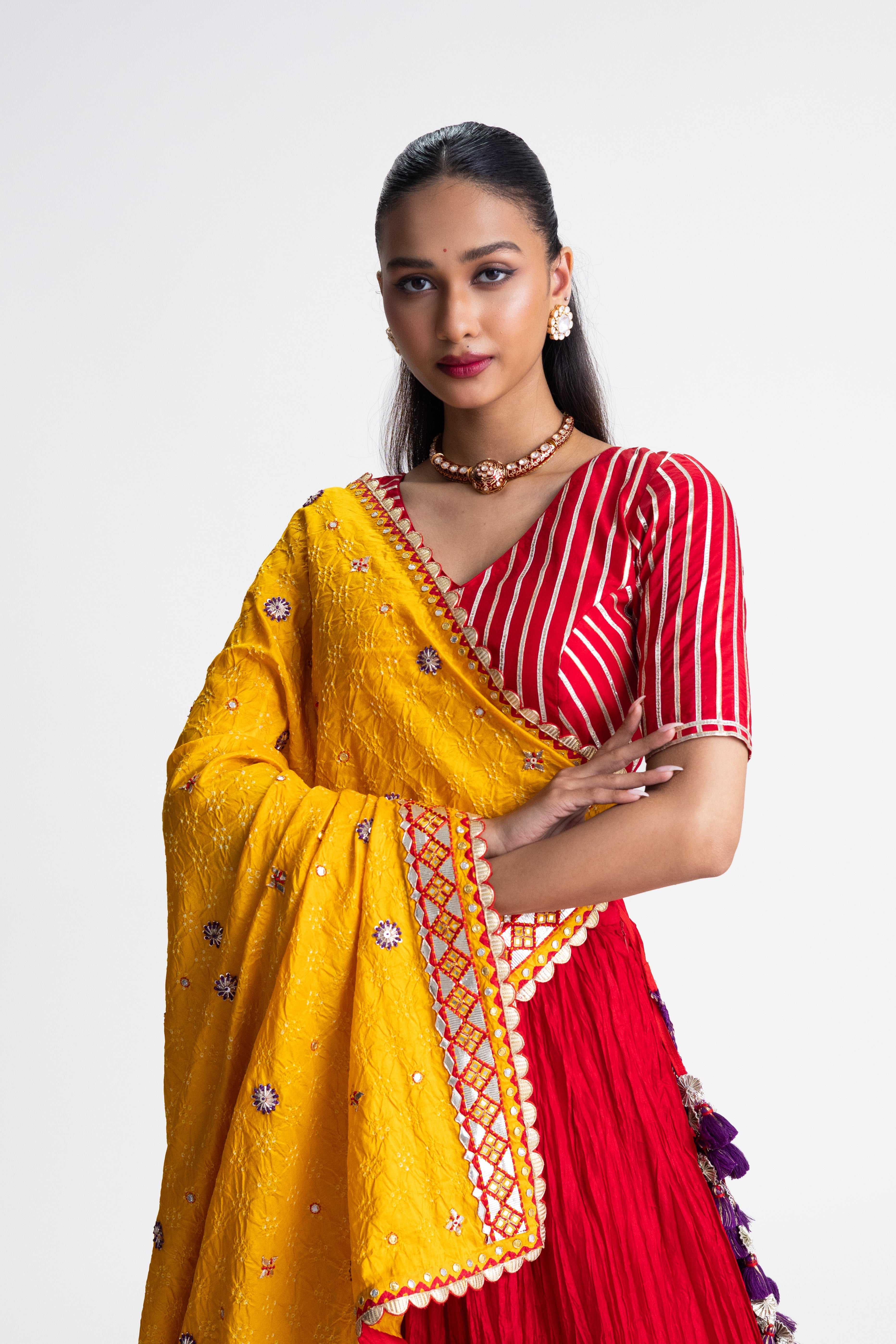 Crushed Silk Lehenga Set - Red Purple