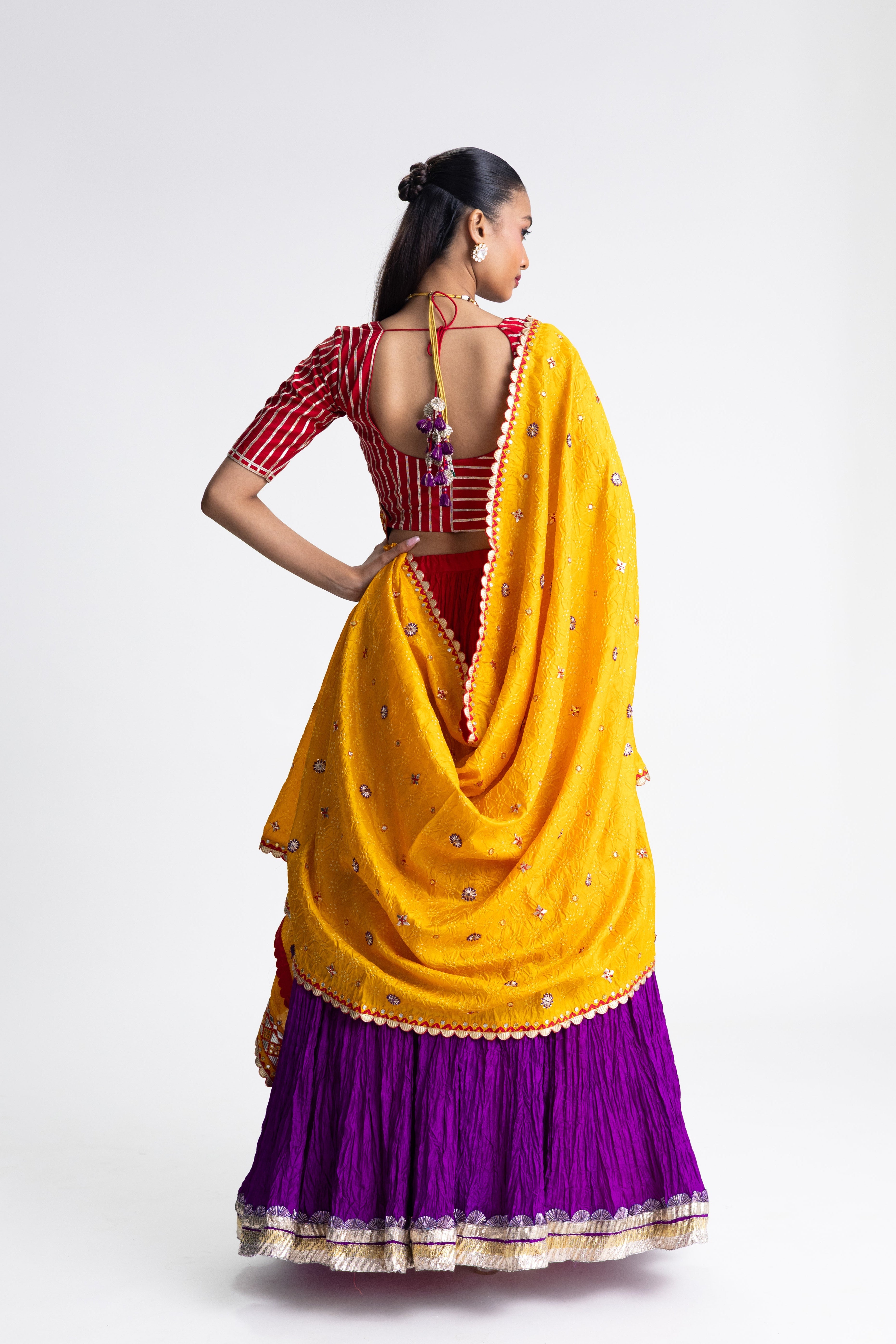 Crushed Silk Lehenga Set - Red Purple