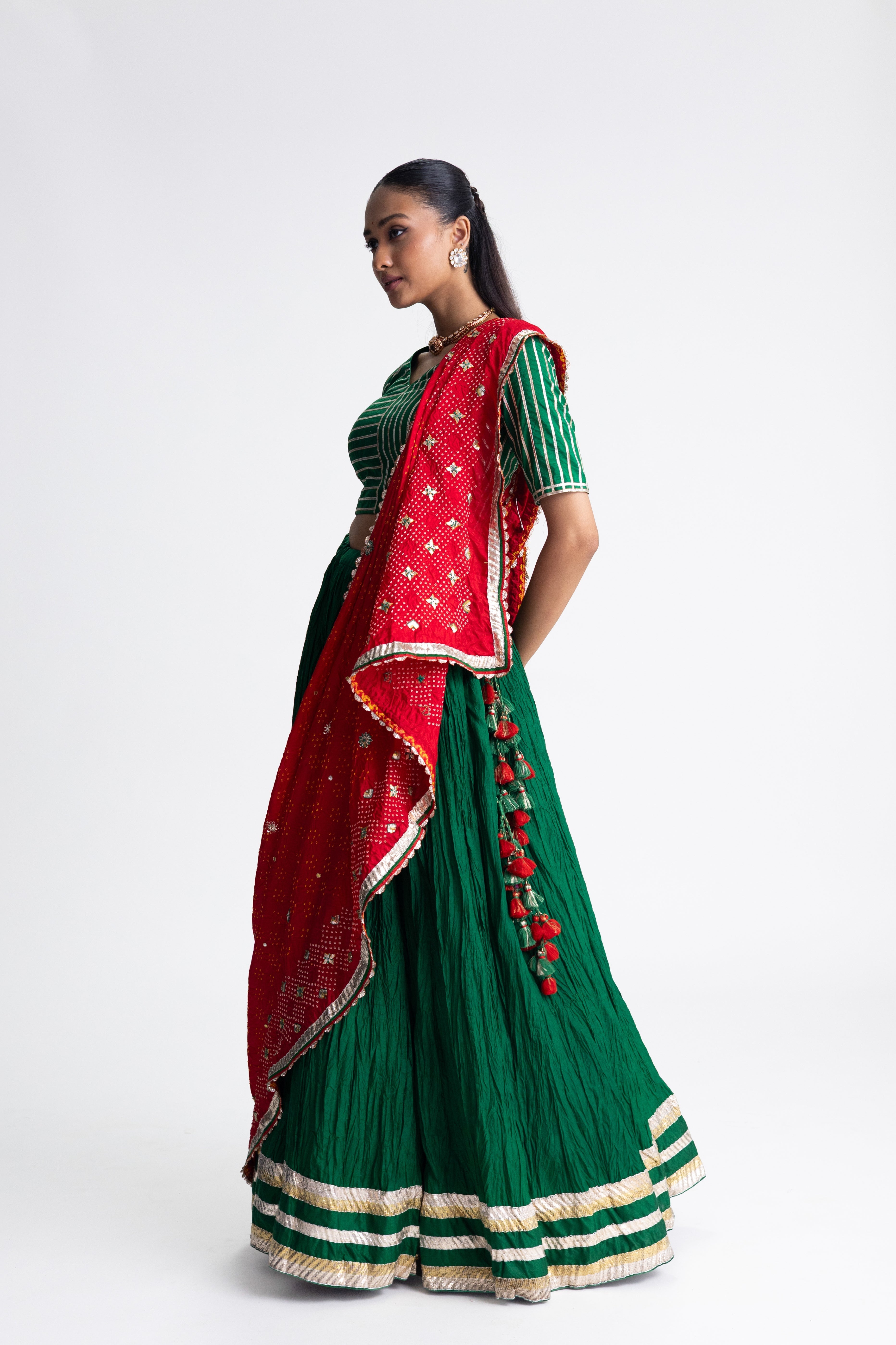 Crushed Green Silk Lehenga Set