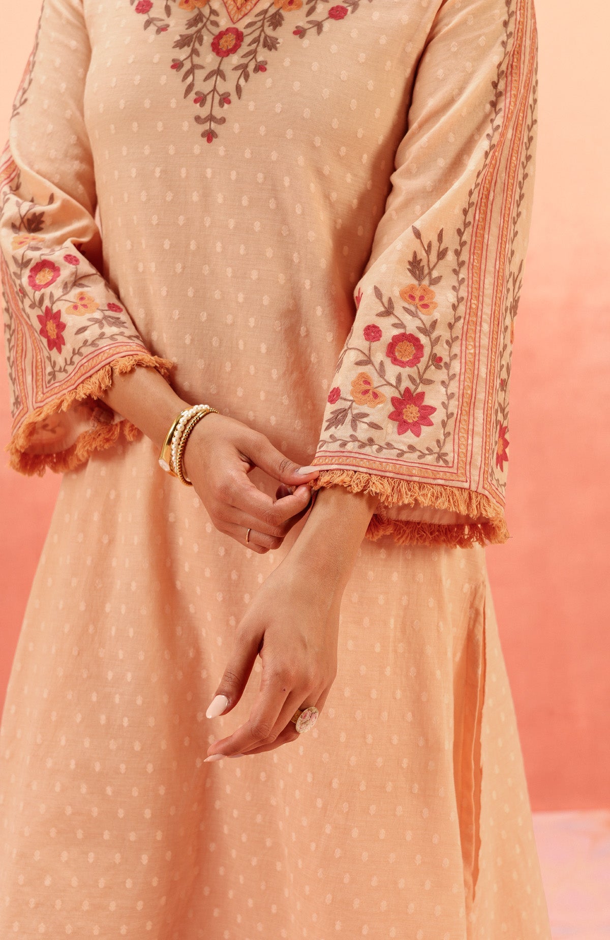 RESHM CORAL JACQUARD EMBROIDERED KURTA SET