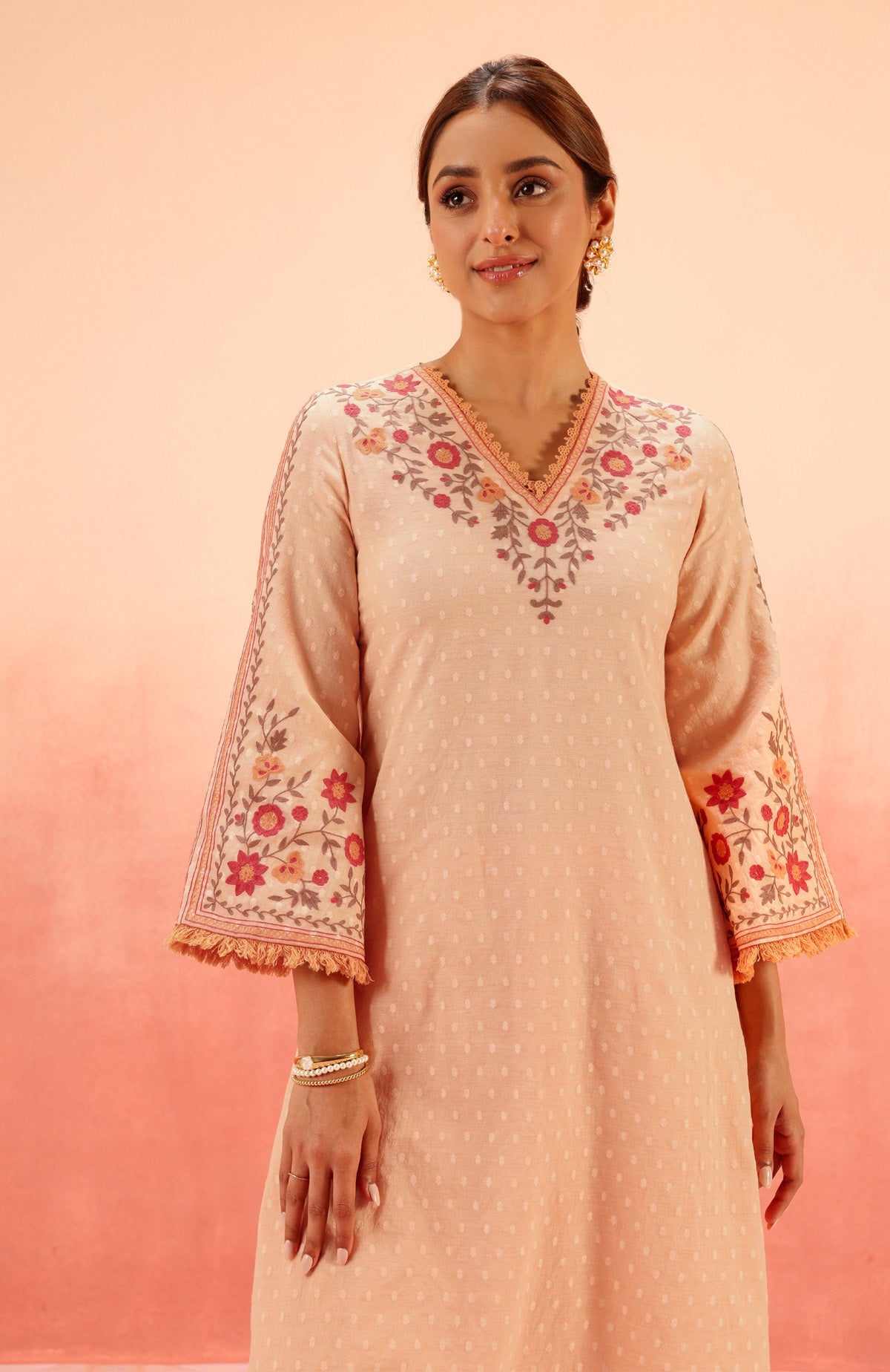 RESHM CORAL JACQUARD EMBROIDERED KURTA SET