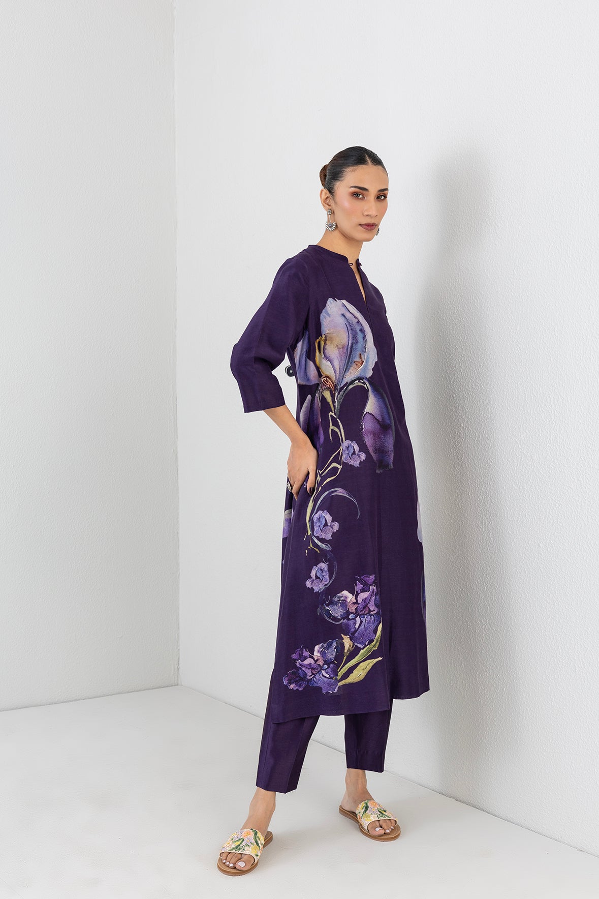 Violet Abyss Silk Chanderi Iris Lily Printed Tunic