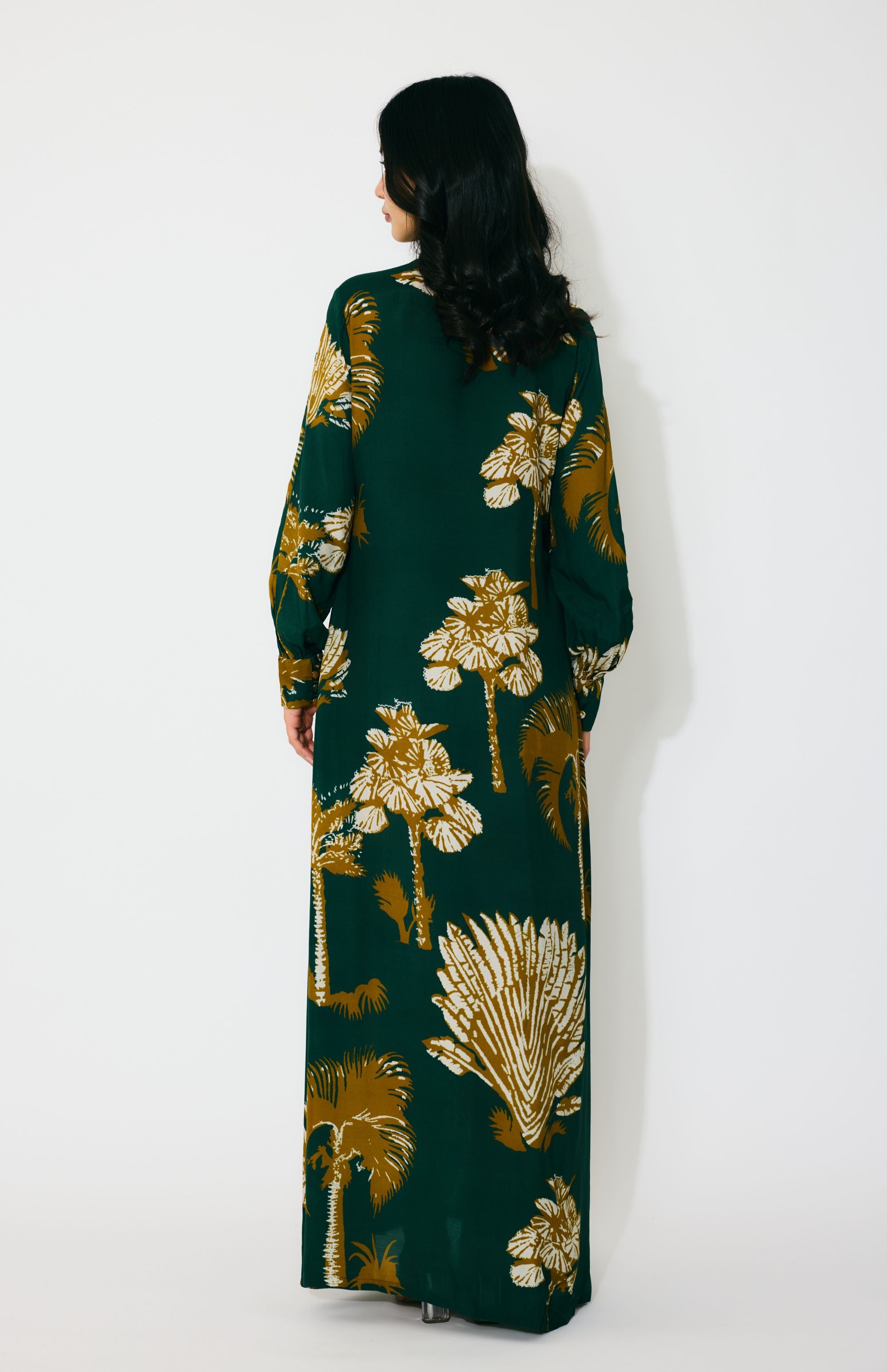 DARK GREEN AND MUSTARD FLORAL LONG SHIRT DRESS