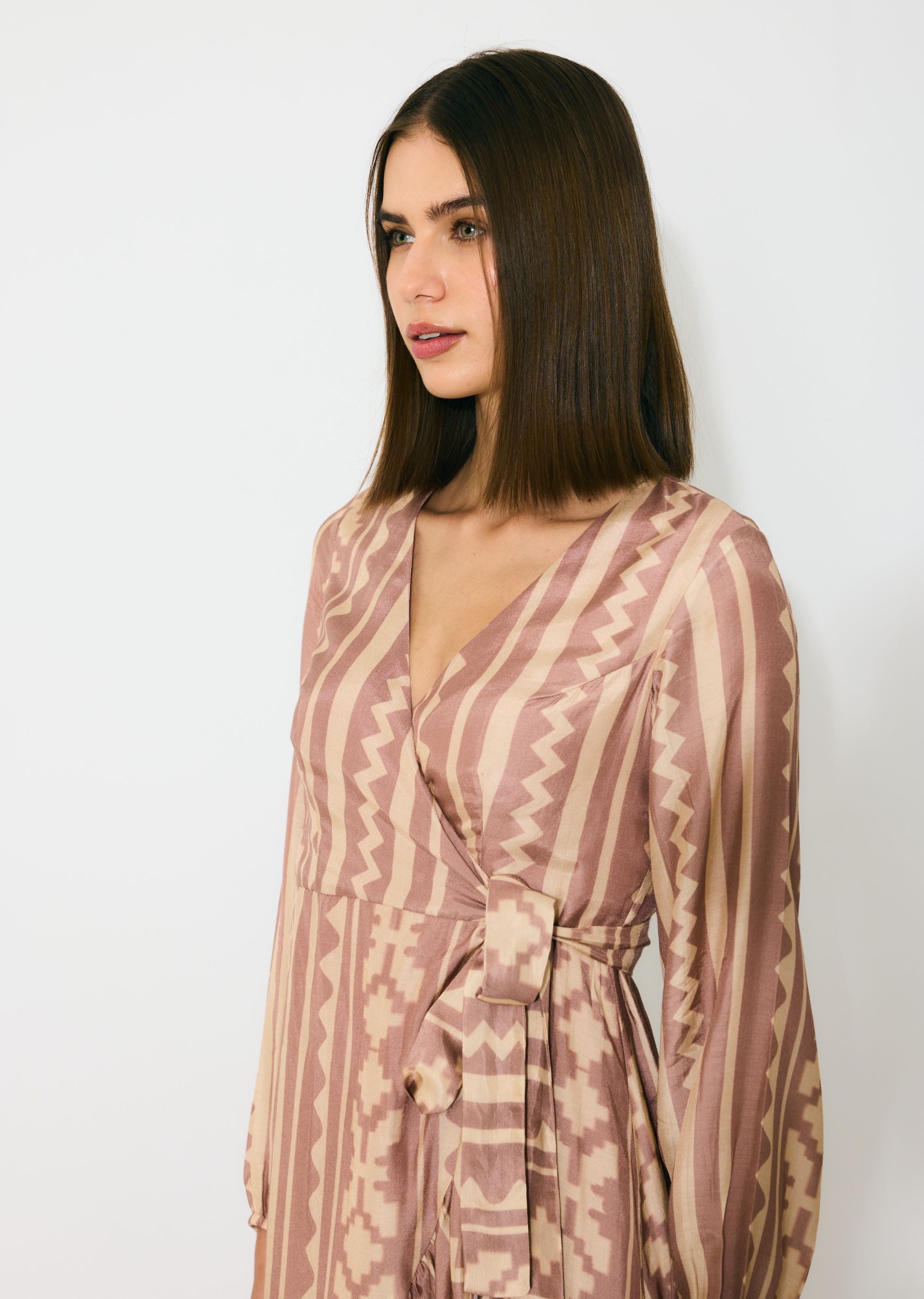 PEACH AND CREAM PATTERN WRAP DRESS