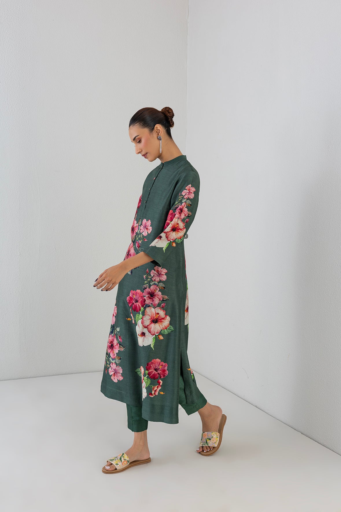 Minted Sage Dupion Hibiscus Printed Dress