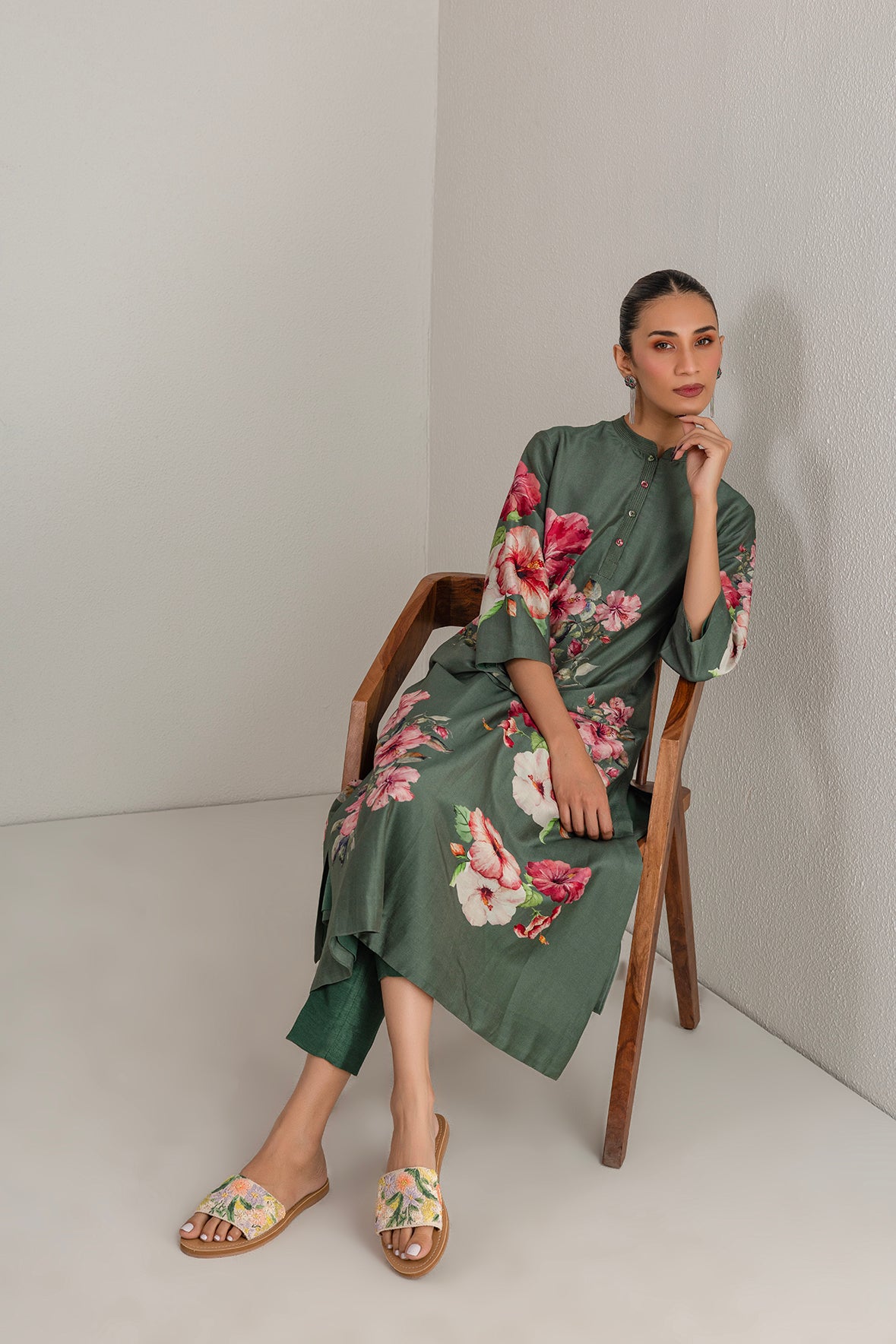 Eucalyptus Silk Chanderi Hibiscus Printed Tunic