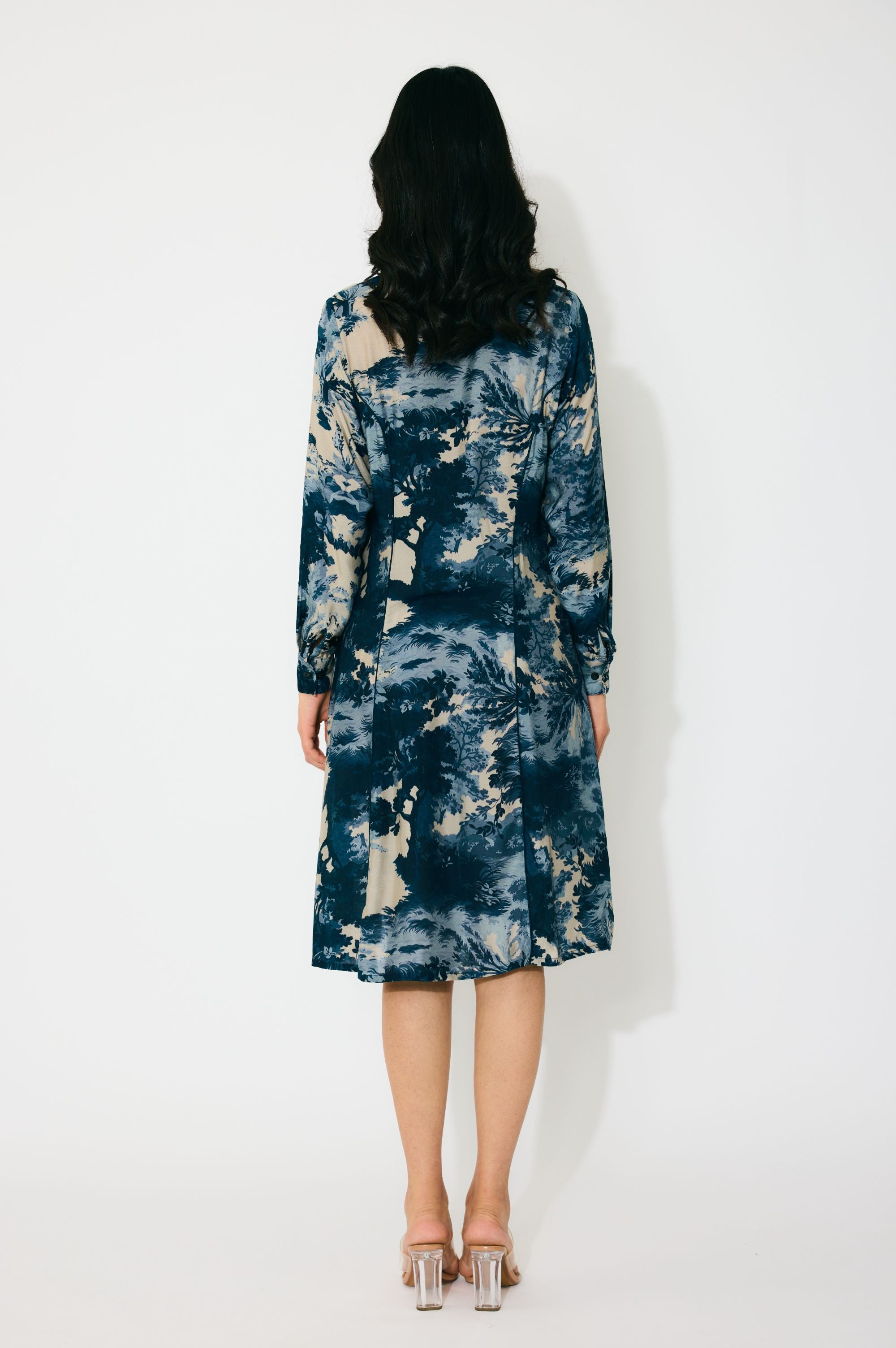 BLUE, INDIGO AND BEIGE TOILE PRINT SHIRT DRESS