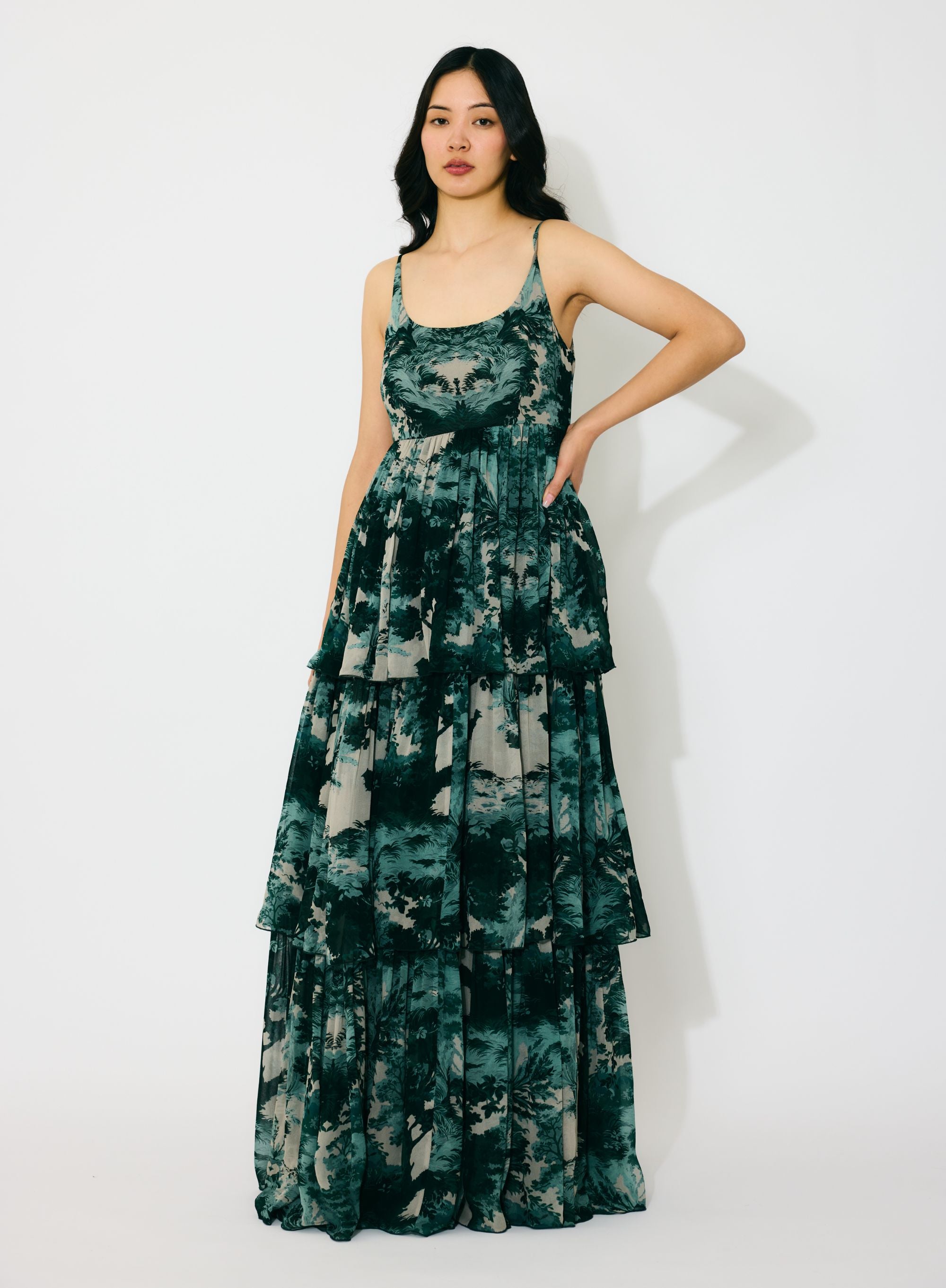 DARK GREEN, MINT AND BEIGE TOIL PRINT LONG DRESS