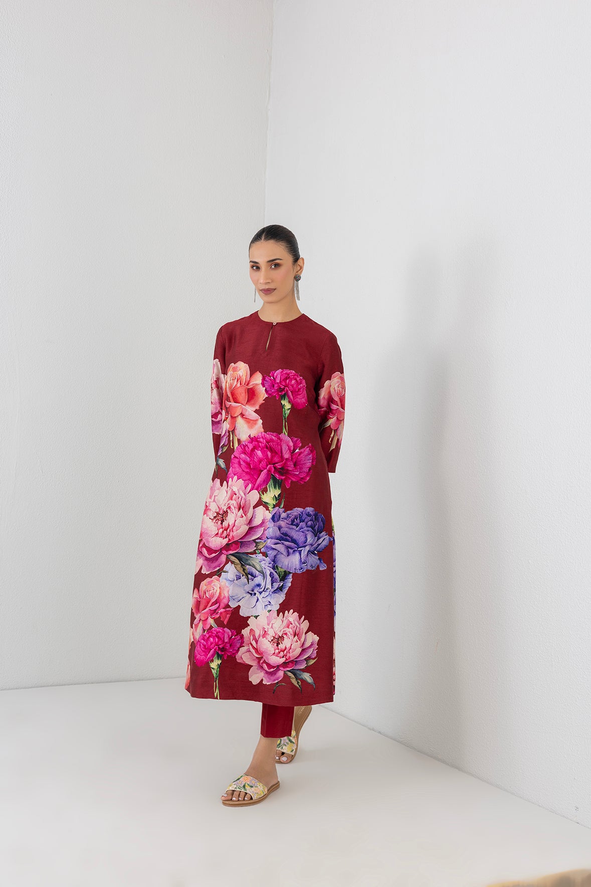 Scarlet Red Dupion Floral Printed Tunic