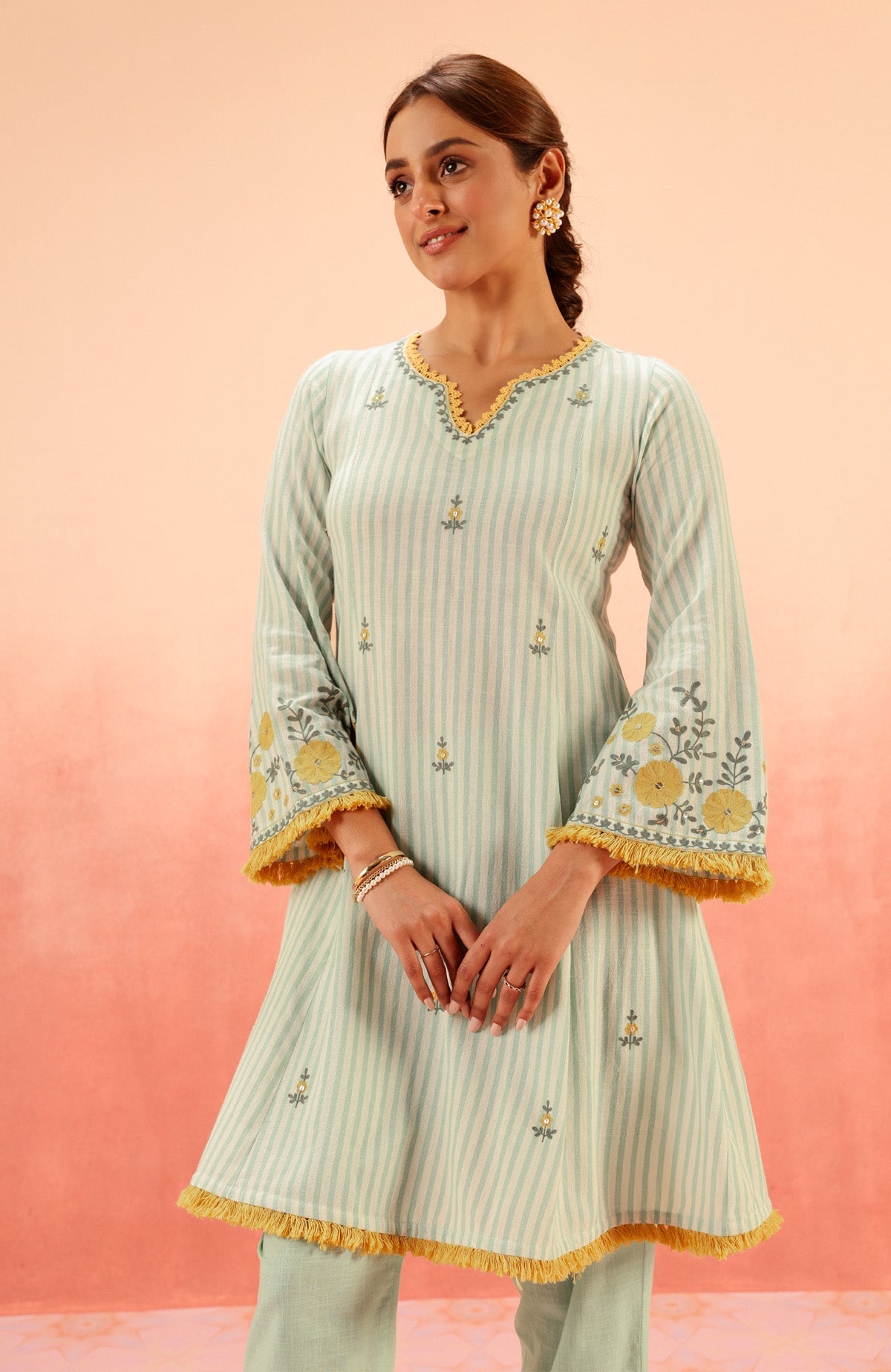 SAYA GREEN EMBROIDERED YARN DYED HANDCRAFTED KURTA SET