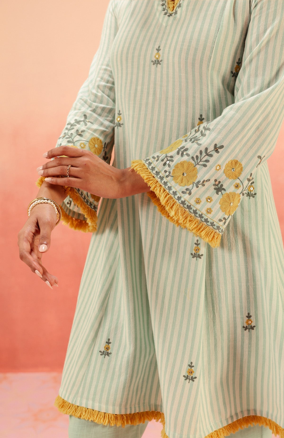 SAYA GREEN EMBROIDERED YARN DYED HANDCRAFTED KURTA SET