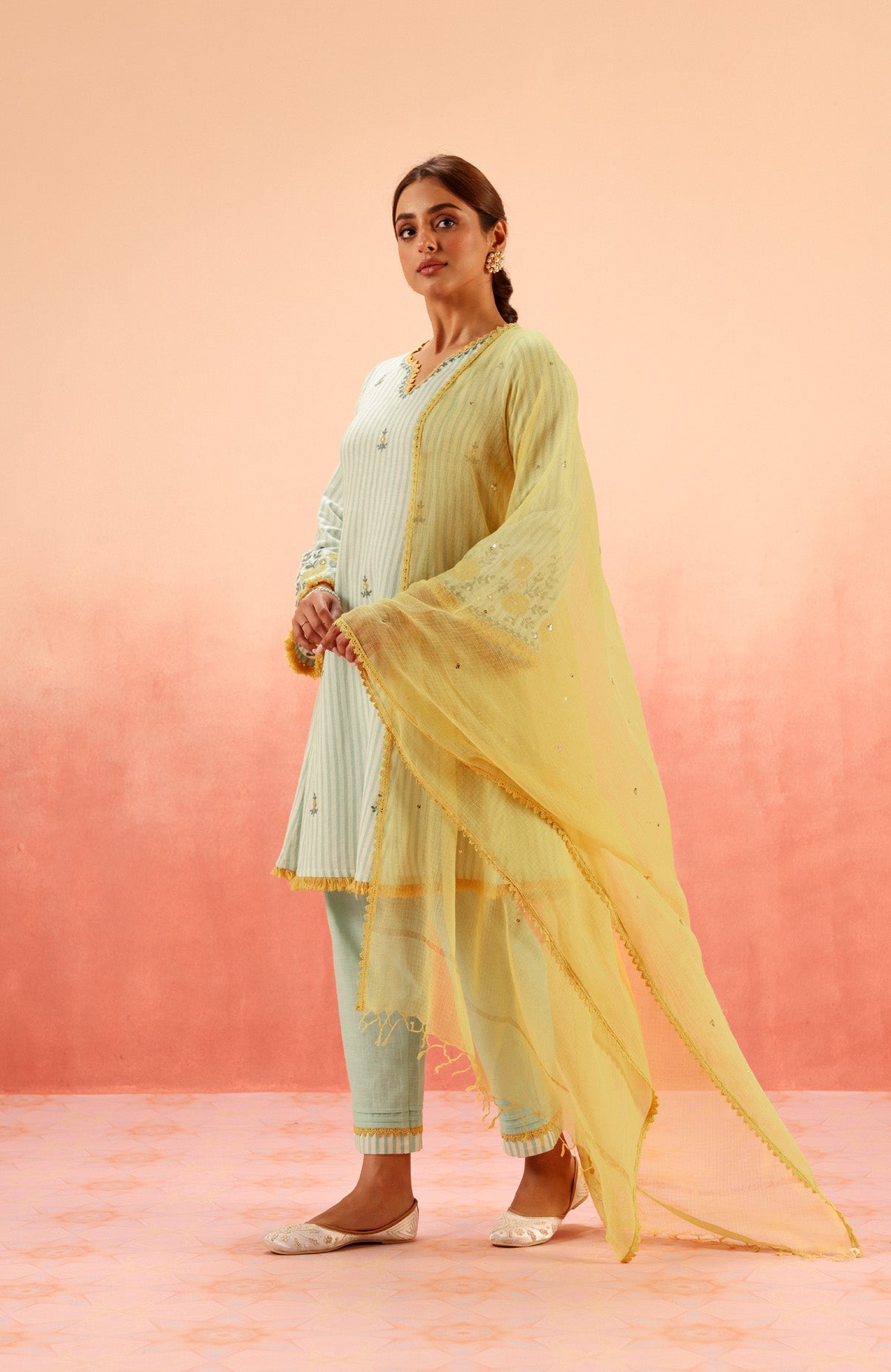 SAYA GREEN EMBROIDERED YARN DYED HANDCRAFTED KURTA SET