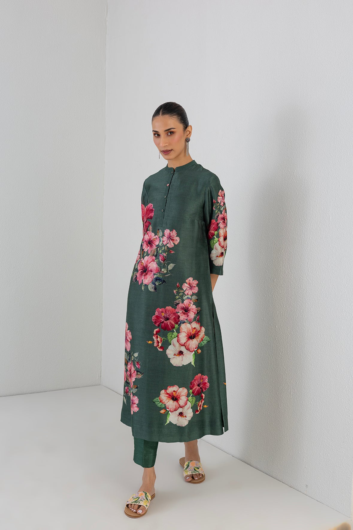 Minted Sage Dupion Hibiscus Printed Dress