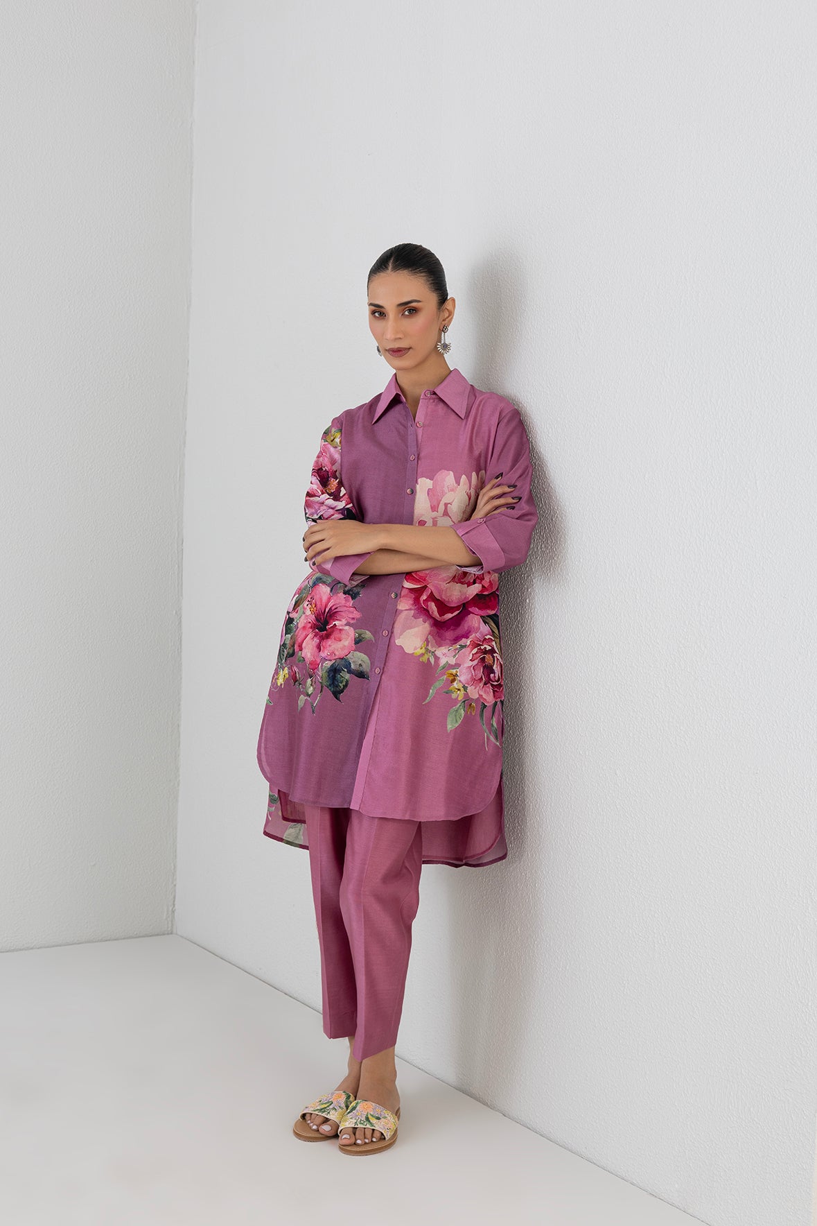 Blush Pink Dupion Peony Flower Printed Shirt