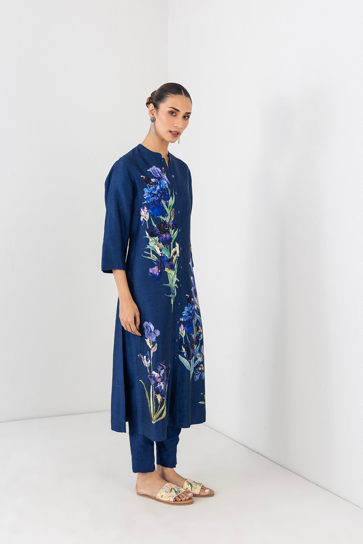 Blue Lagoon Dupion Floral Buta Printed Tunic
