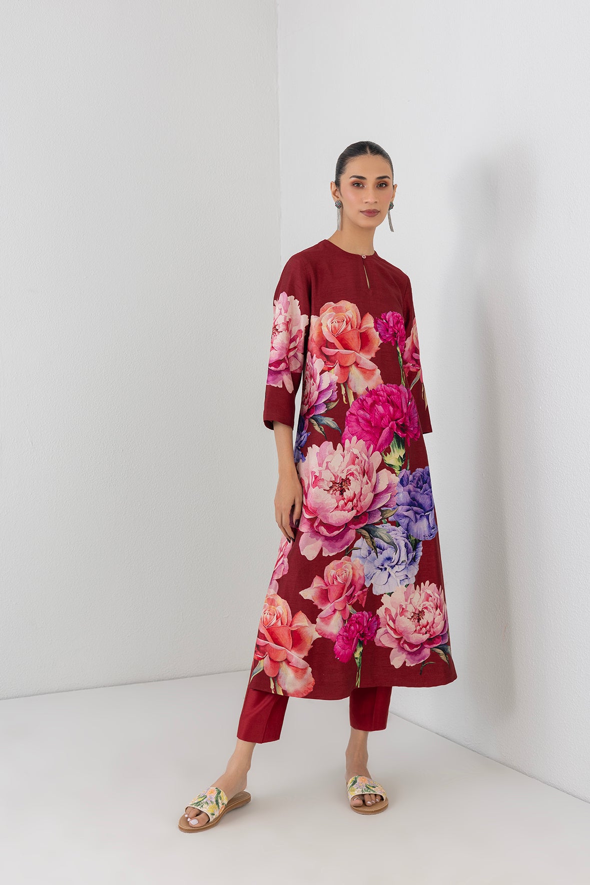 Scarlet Red Dupion Floral Printed Tunic