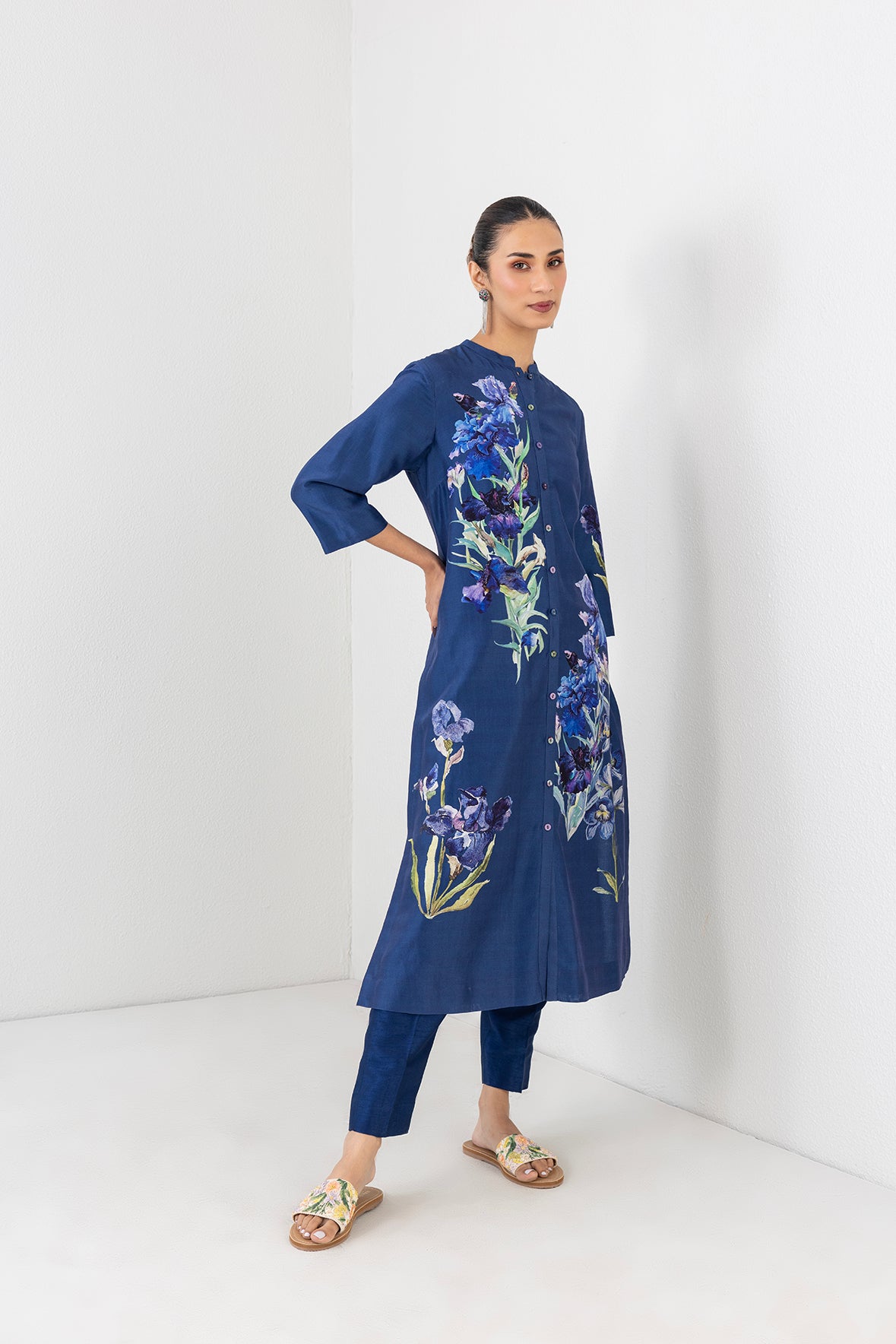 Midnight Indigo Silk Chanderi Floral Printed Tunic
