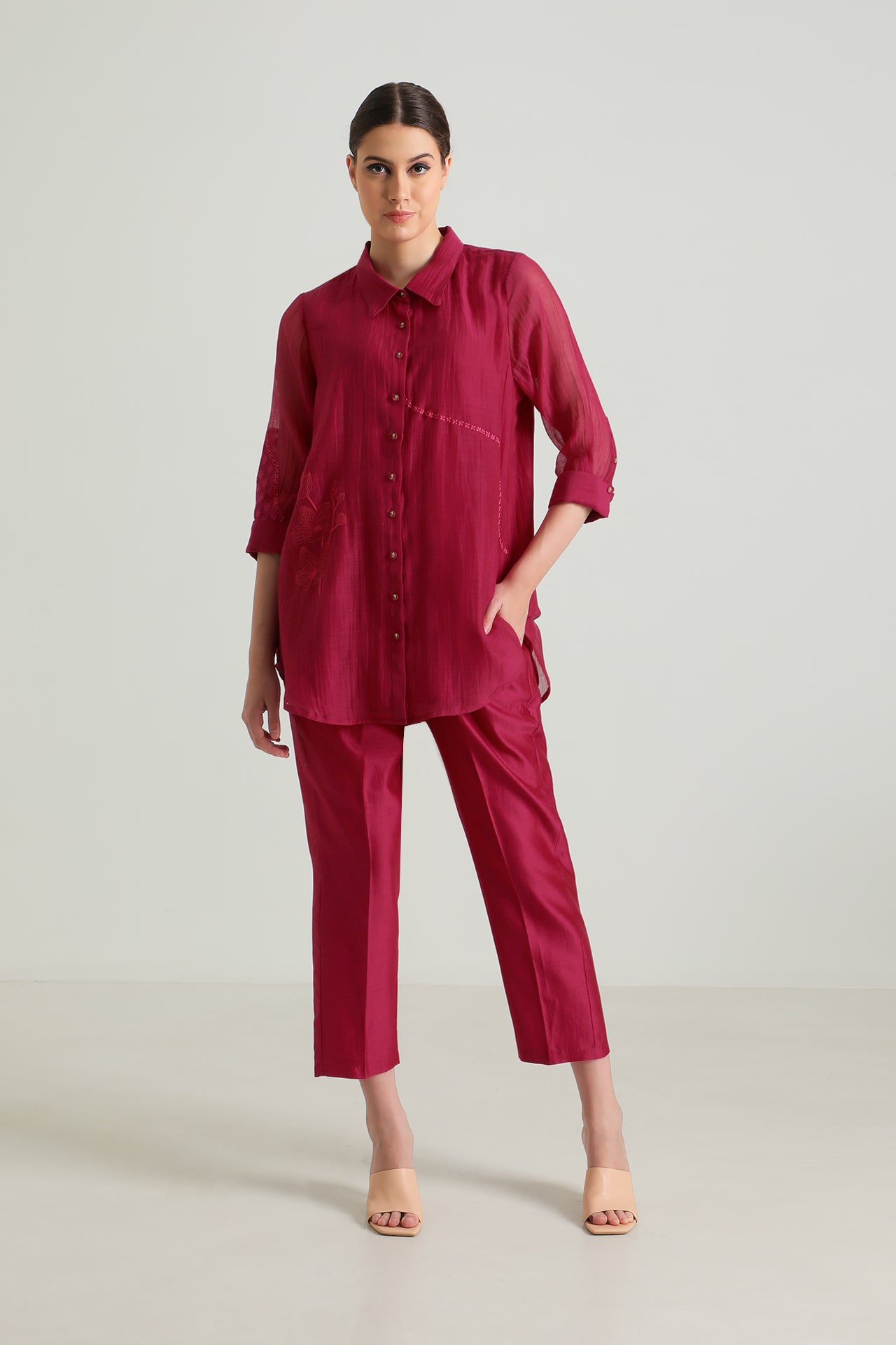 Carnation Embroided Shirt in Cotton Chanderi and Straight Pant in Silk Chanderi