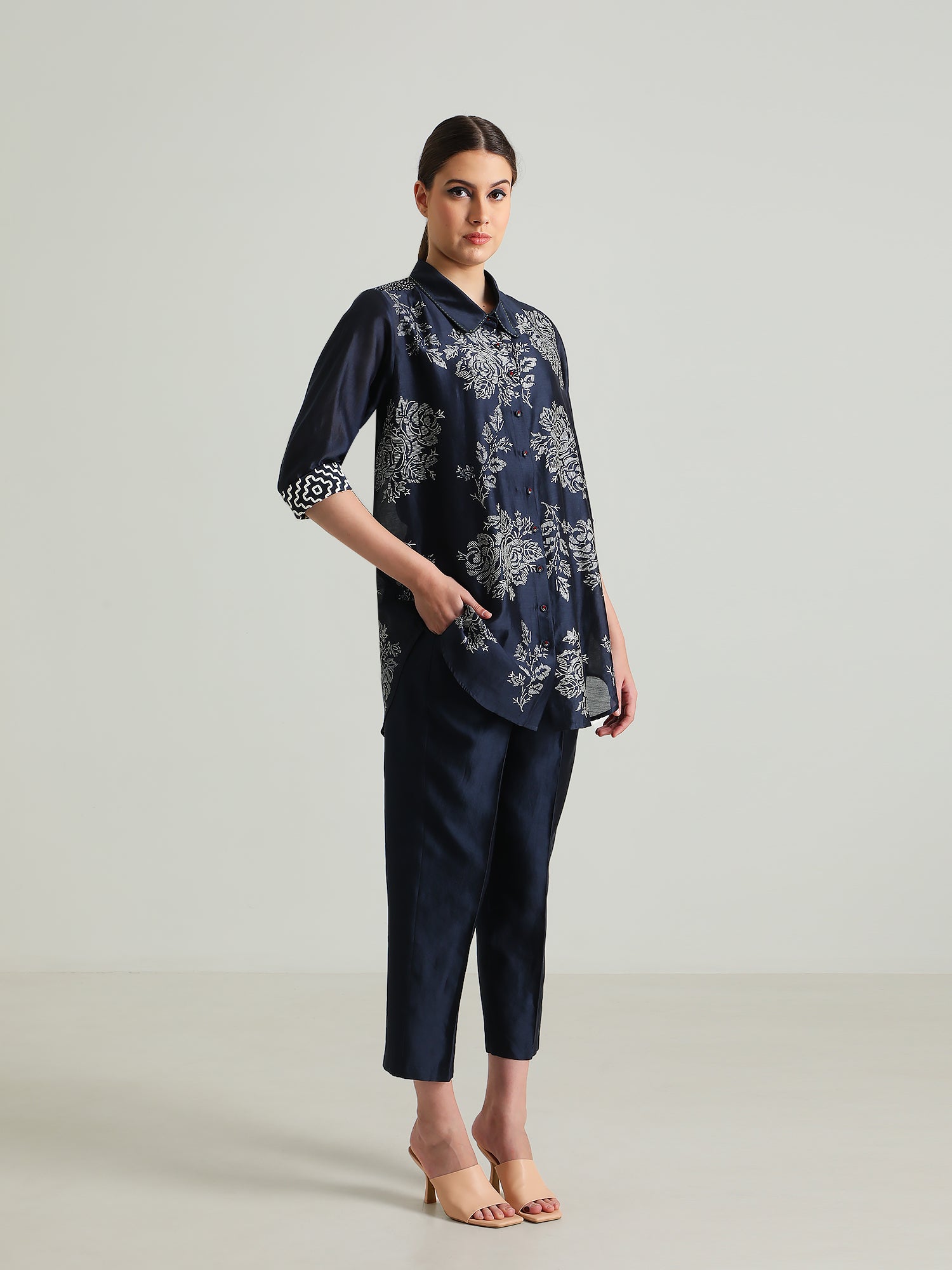 Indigo Wild Weed Shirt in Silk Chanderi With Embroidery and Straight Pant in Silk Chanderi
