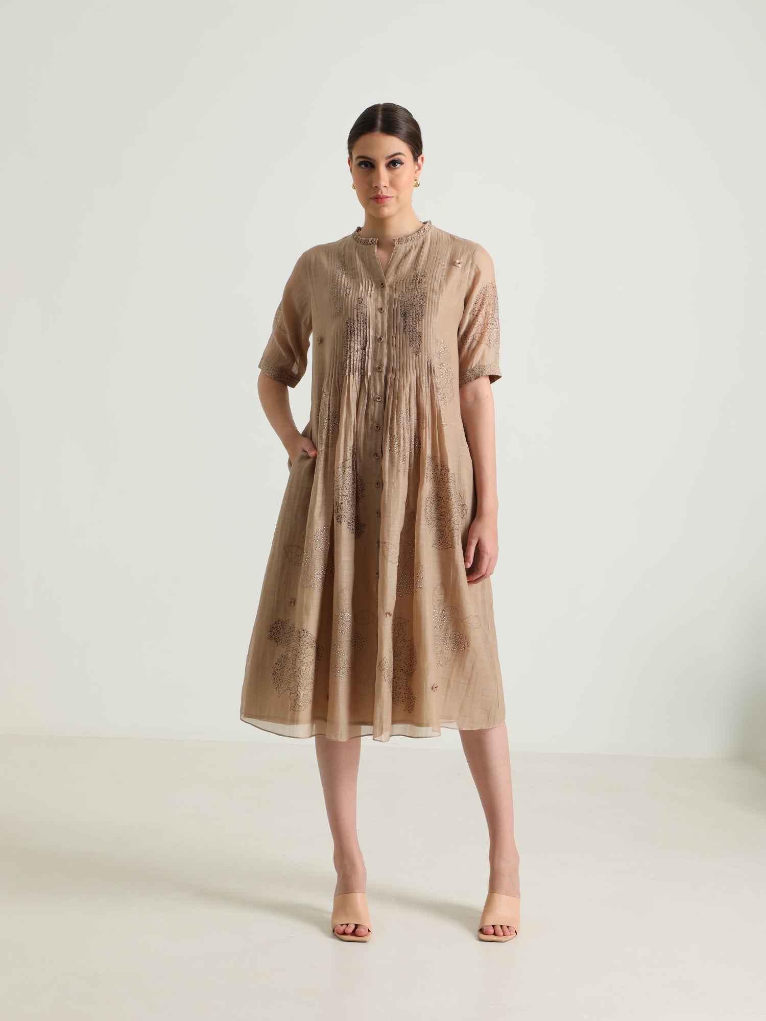 Pleated Dress in Cotton Chanderi with Embroidery