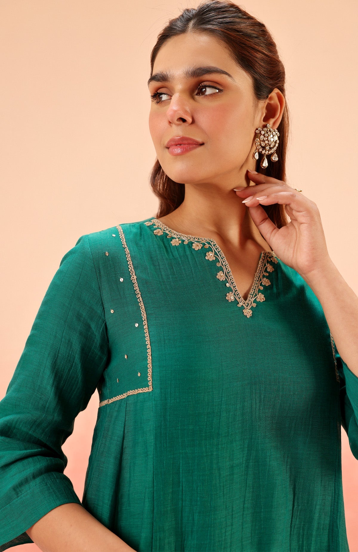 SAMIYA GREEN COTTON SILK CHANDERI EMBROIDERED HANDCRAFTED KURTA SET