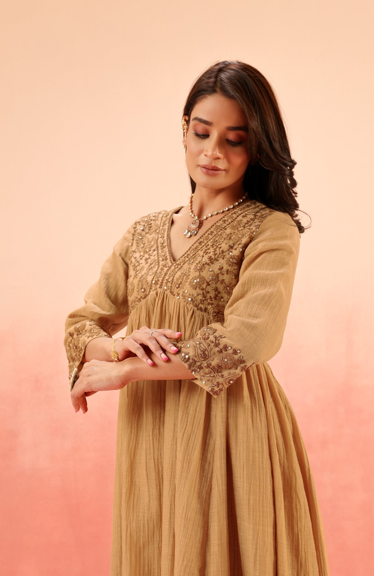 TARINI BROWN COTTON SILK CHANDERI EMBROIDERED HANDCRAFTED KURTA SET