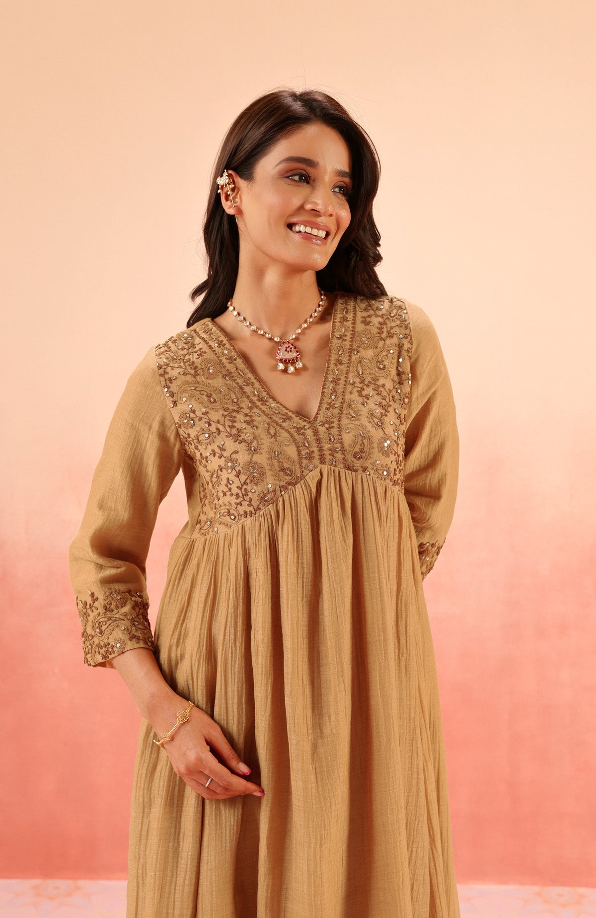 TARINI BROWN COTTON SILK CHANDERI EMBROIDERED HANDCRAFTED KURTA SET