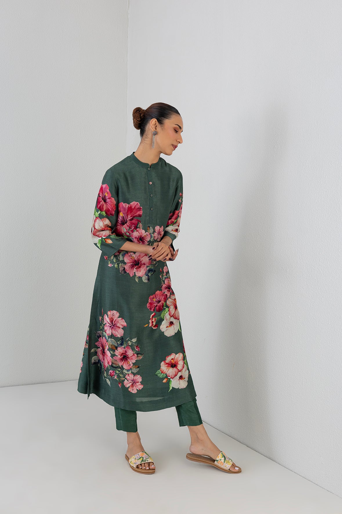 Minted Sage Dupion Hibiscus Printed Dress