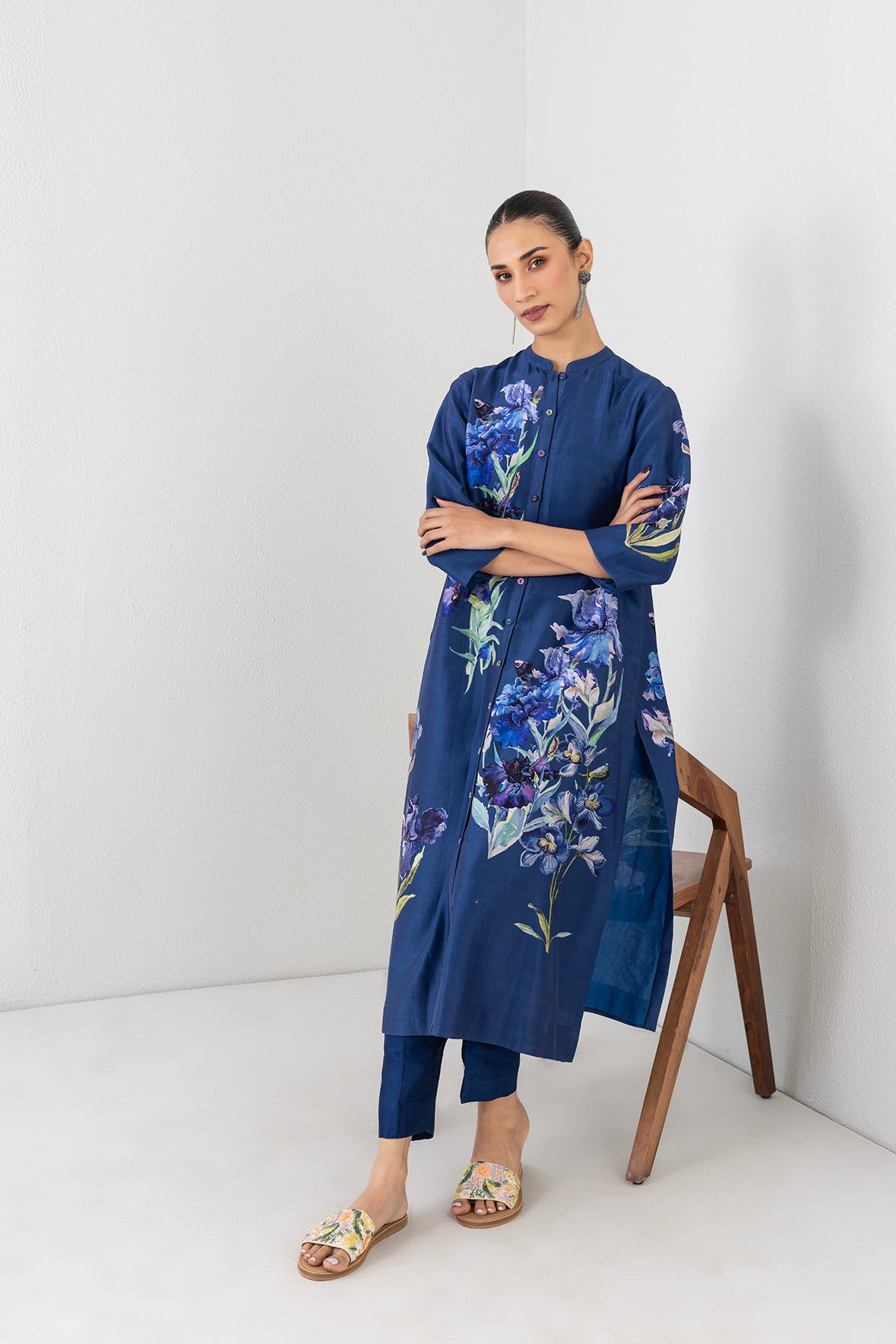Midnight Indigo Silk Chanderi Floral Printed Tunic