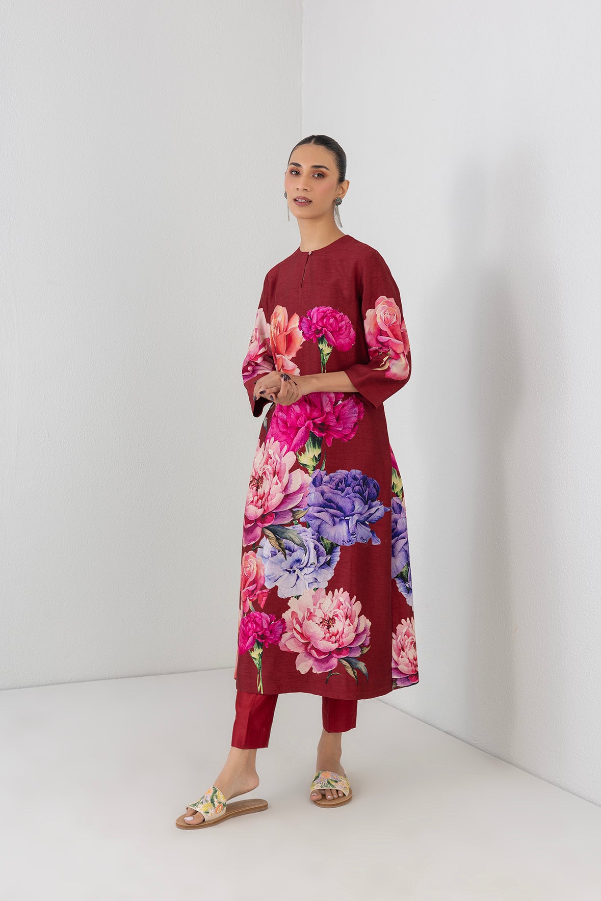 Scarlet Red Dupion Floral Printed Tunic