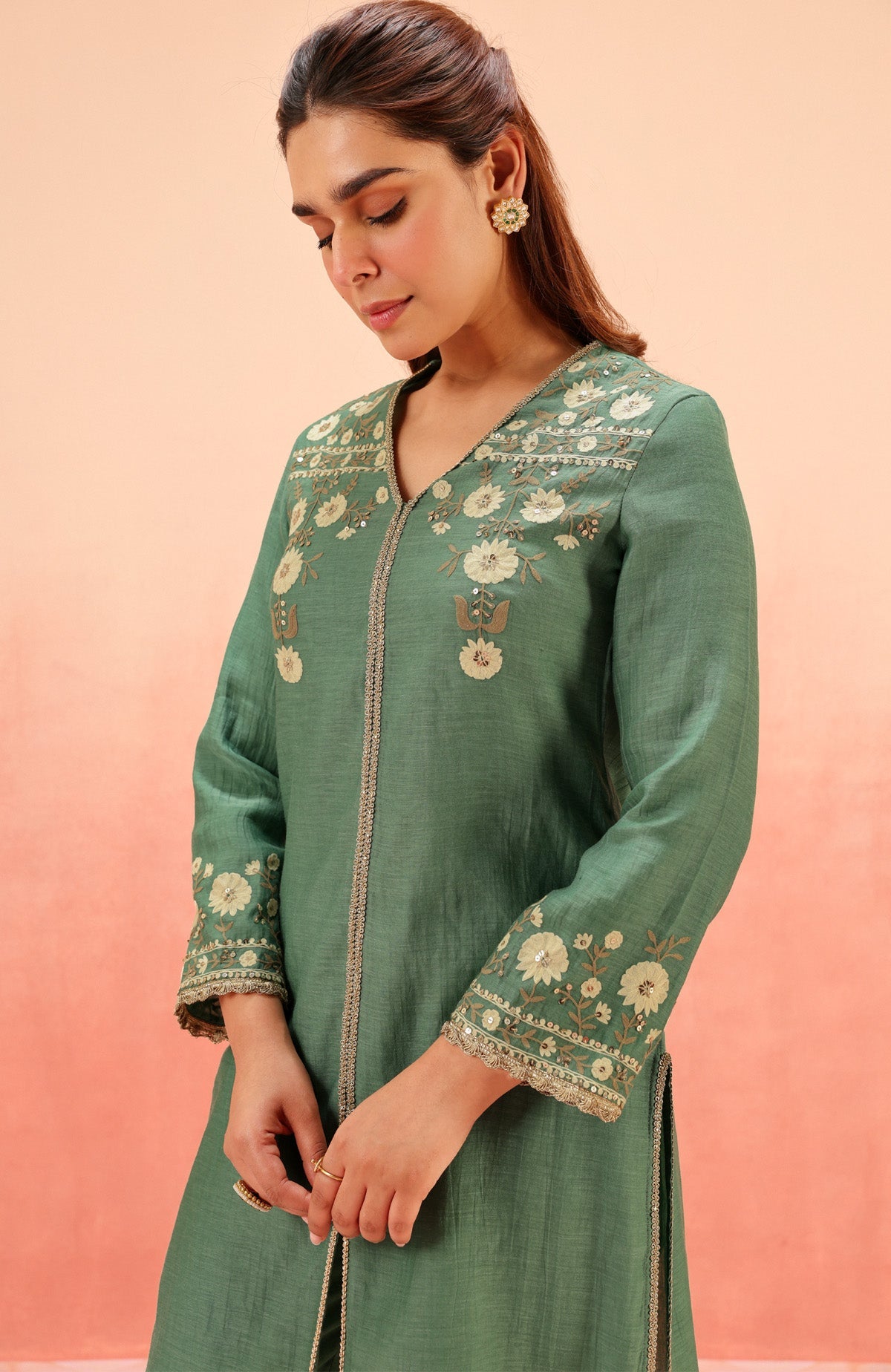 MOGRA GREEN COTTON SILK CHANDERI EMBROIDERED HANDCRAFTED KURTA SET