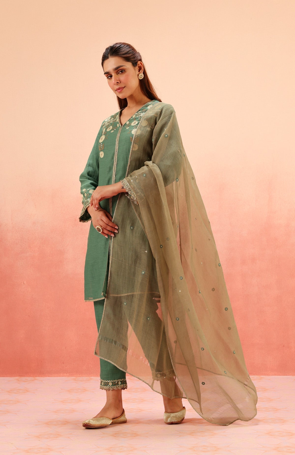 MOGRA GREEN COTTON SILK CHANDERI EMBROIDERED HANDCRAFTED KURTA SET